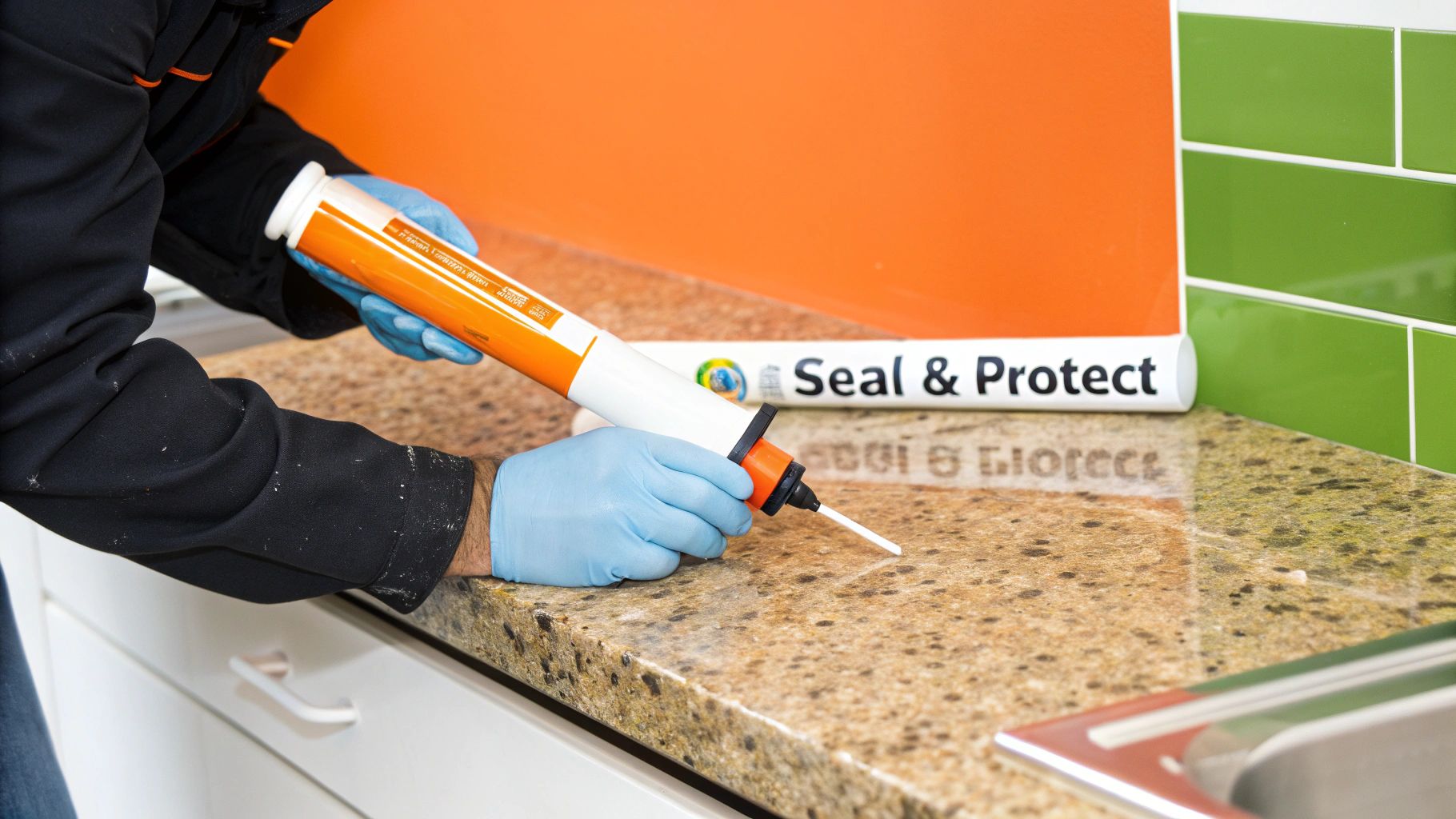 Person applying silicone adhesive to quartz countertop edge during installation process, with "Seal & Protect" label visible in background, emphasizing professional finishing techniques in kitchen remodel.