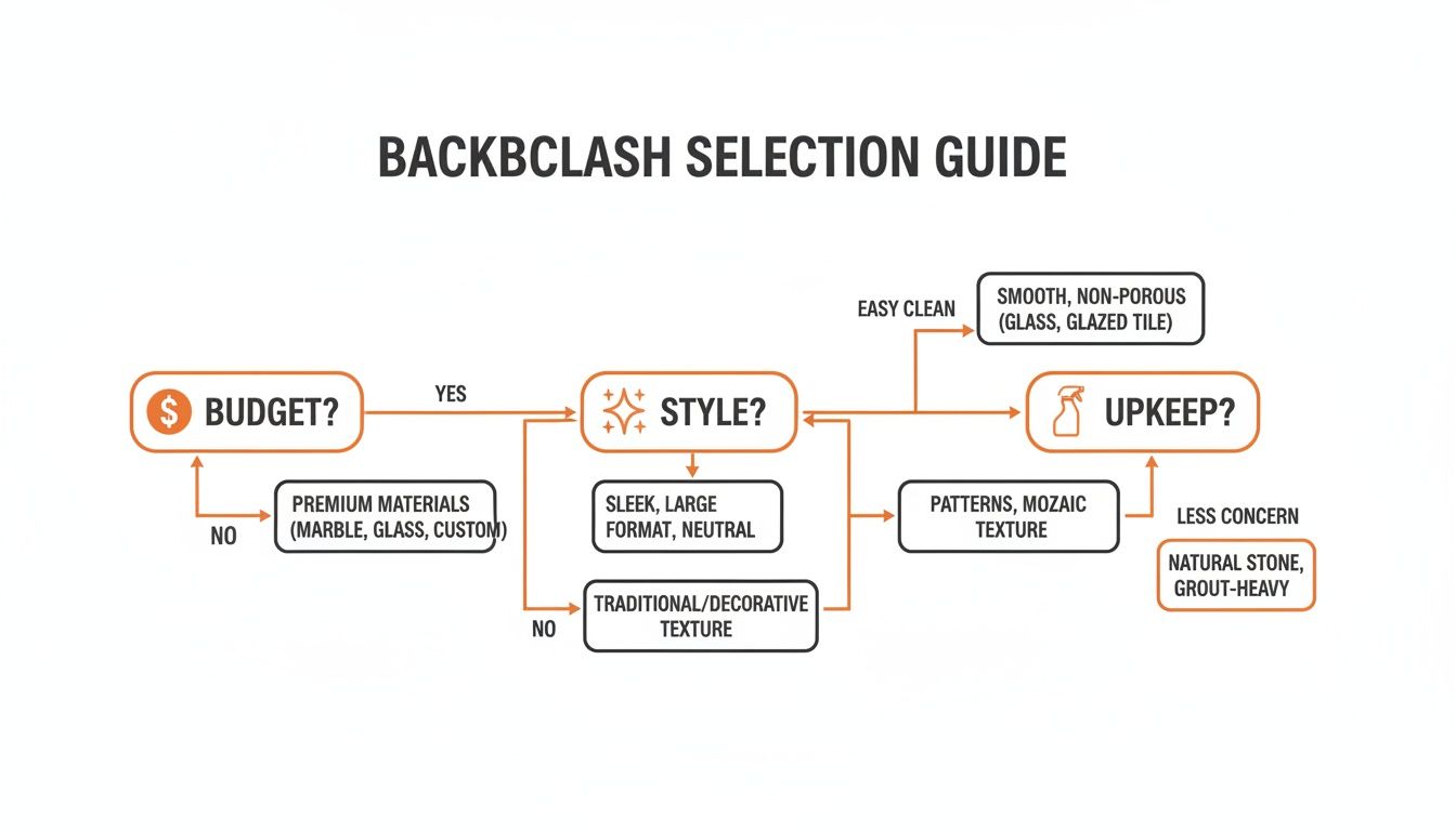 A flowchart guides users to select kitchen backsplash materials based on budget, style, and upkeep.