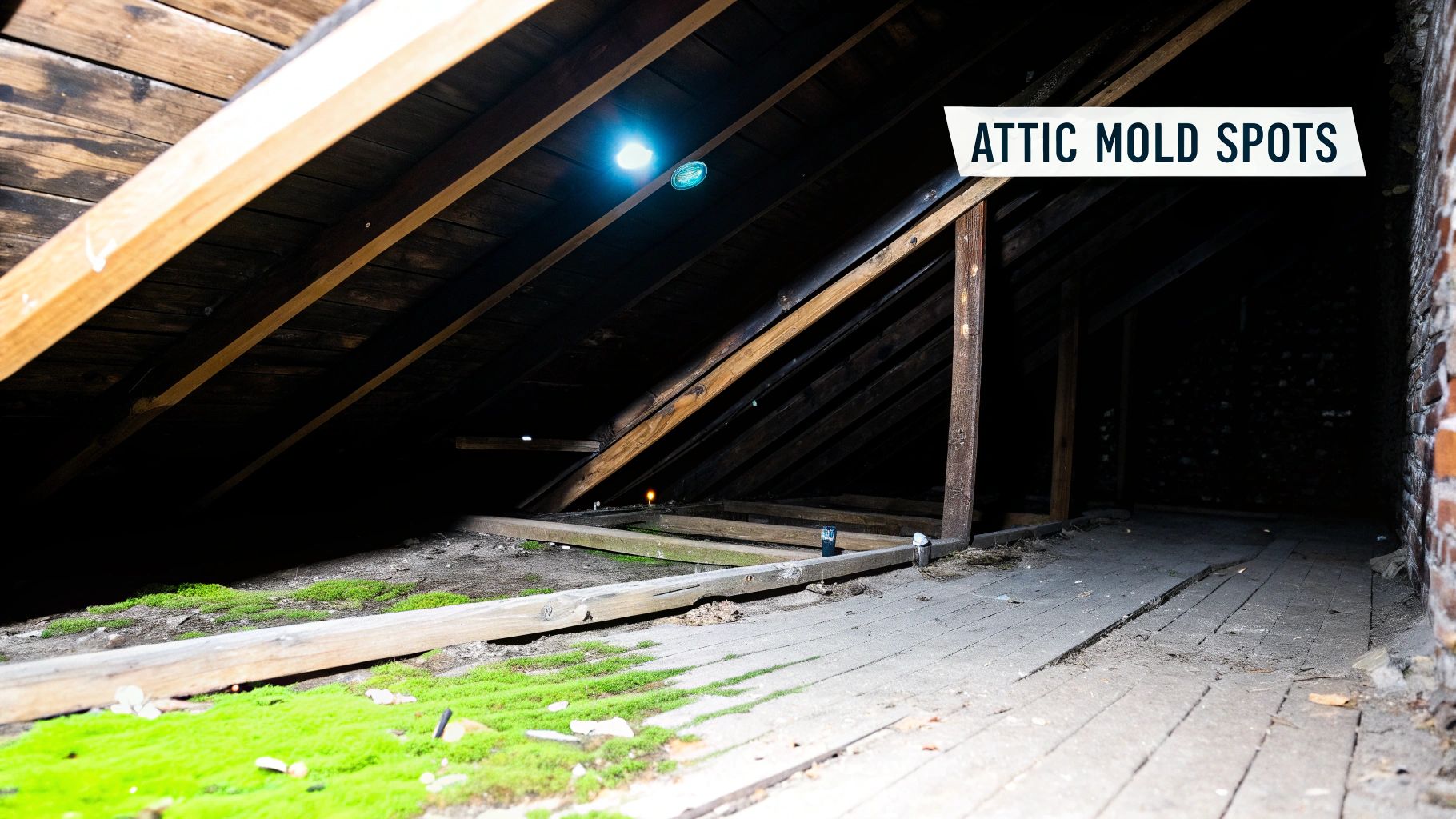Attic interior with visible mold spots on wooden beams and flooring, highlighting hidden mold issues relevant to mold detection and remediation.