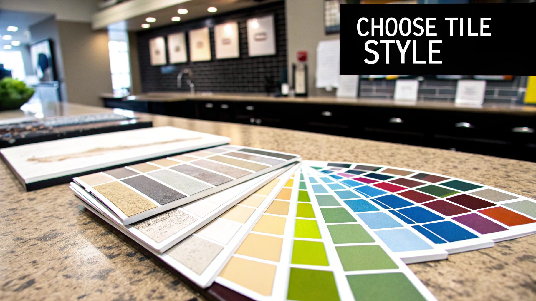 Colorful tile samples arranged on a countertop with the text "Choose Tile Style," highlighting options for shower tile remodeling in Orange County.