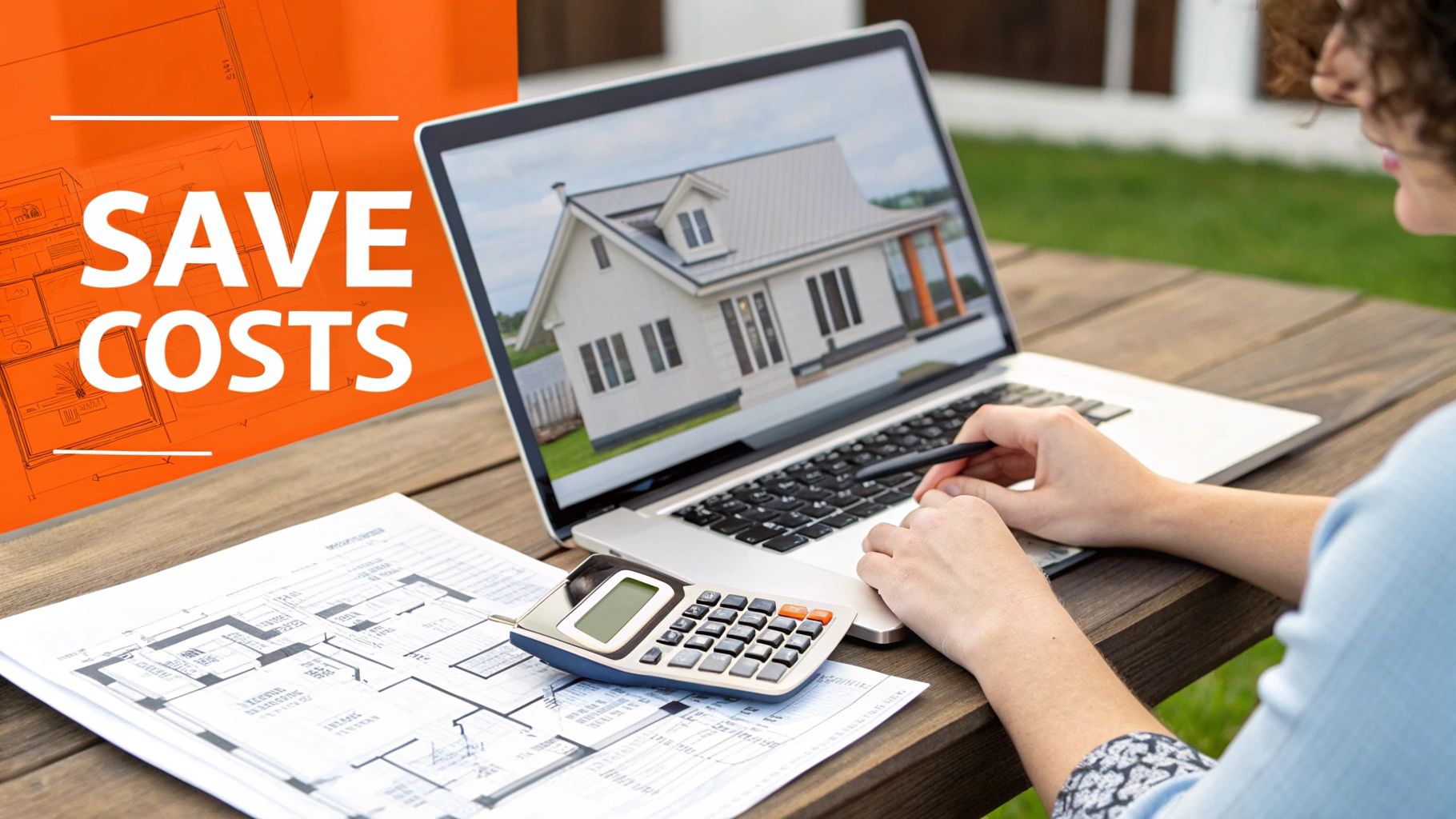 Person using a laptop to calculate home addition costs, with architectural plans and a calculator on a wooden table, featuring bold text "SAVE COSTS" in the background.
