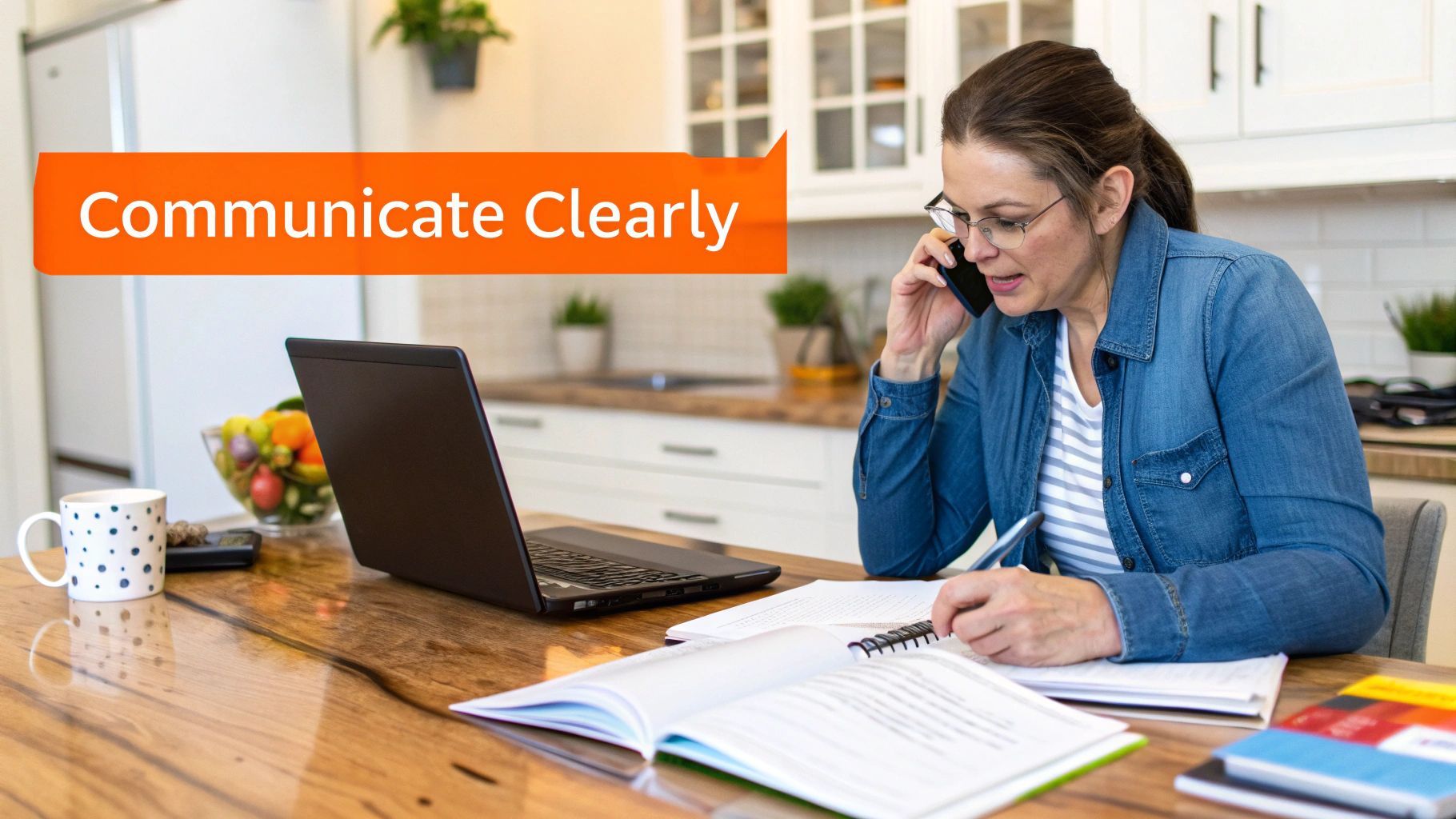 Woman on phone in a kitchen, taking notes and reviewing documents, with a laptop and a cup of coffee, emphasizing clear communication in insurance negotiations.