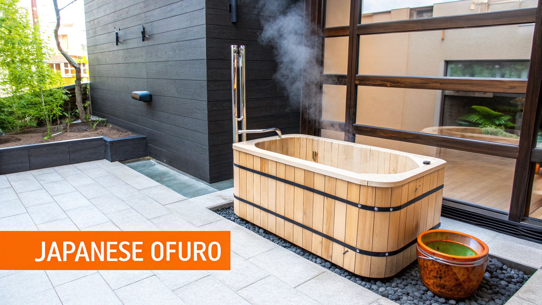A steaming wooden Japanese ofuro tub with a chrome faucet outdoors on a patio with a wooden bucket.
