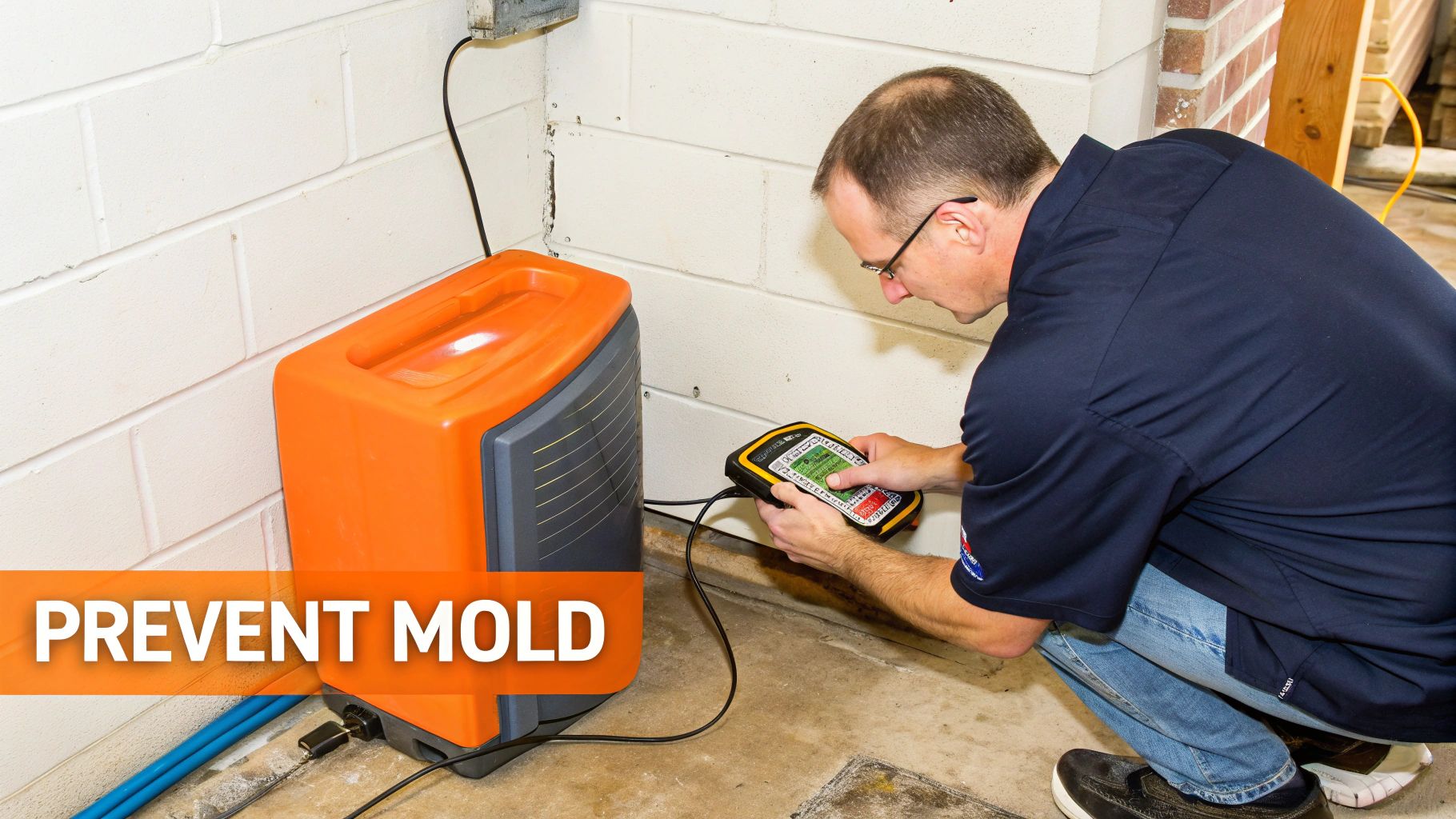 A technician inspects a large orange device with a handheld meter near a white brick wall to prevent mold.