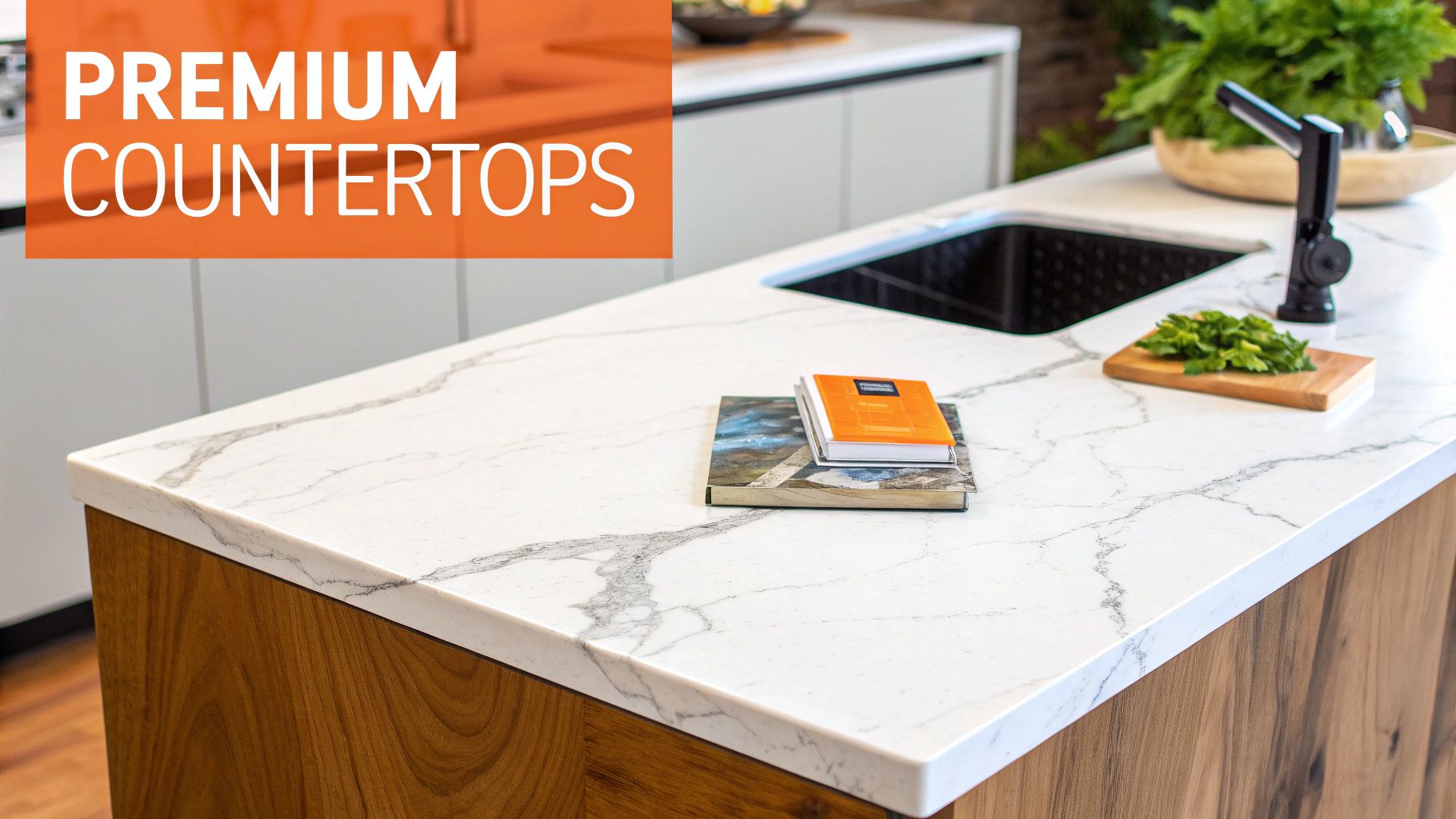 Modern kitchen island featuring premium white marble-patterned countertops, integrated black sink, and wood base.