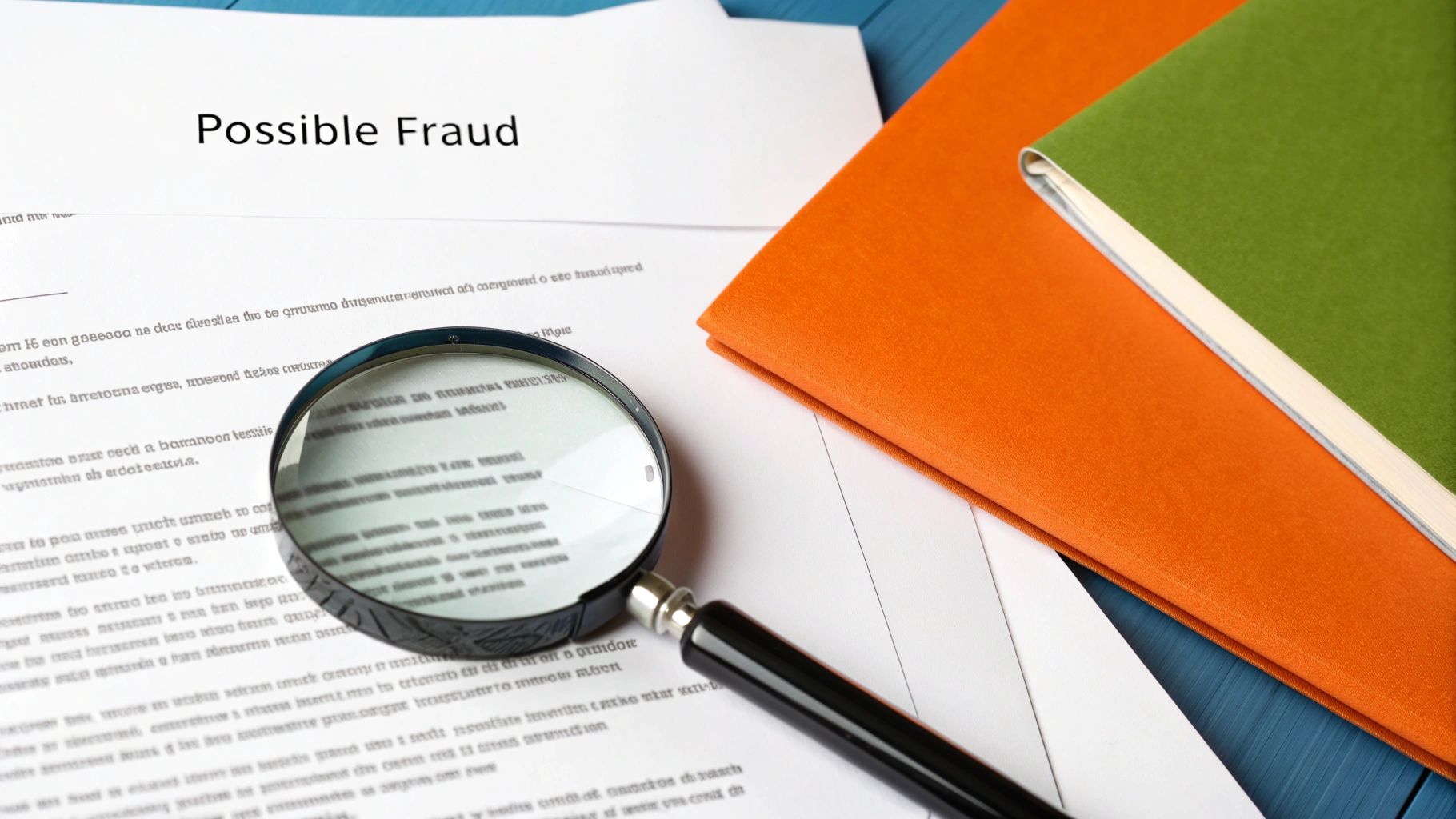 Magnifying glass on documents labeled "Possible Fraud" with colorful folders, emphasizing the importance of thorough review in insurance claims.
