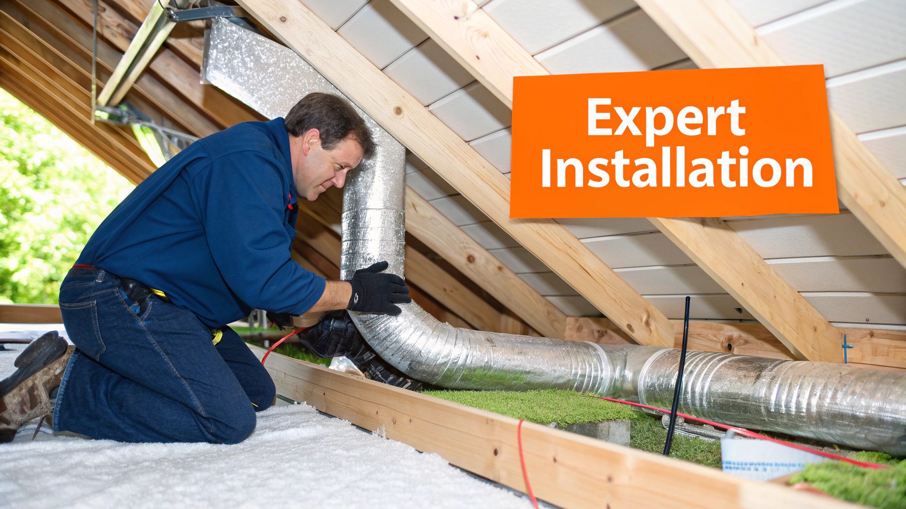 Professional technician performing expert installation of HVAC ductwork in an attic, emphasizing quality air purification system setup.