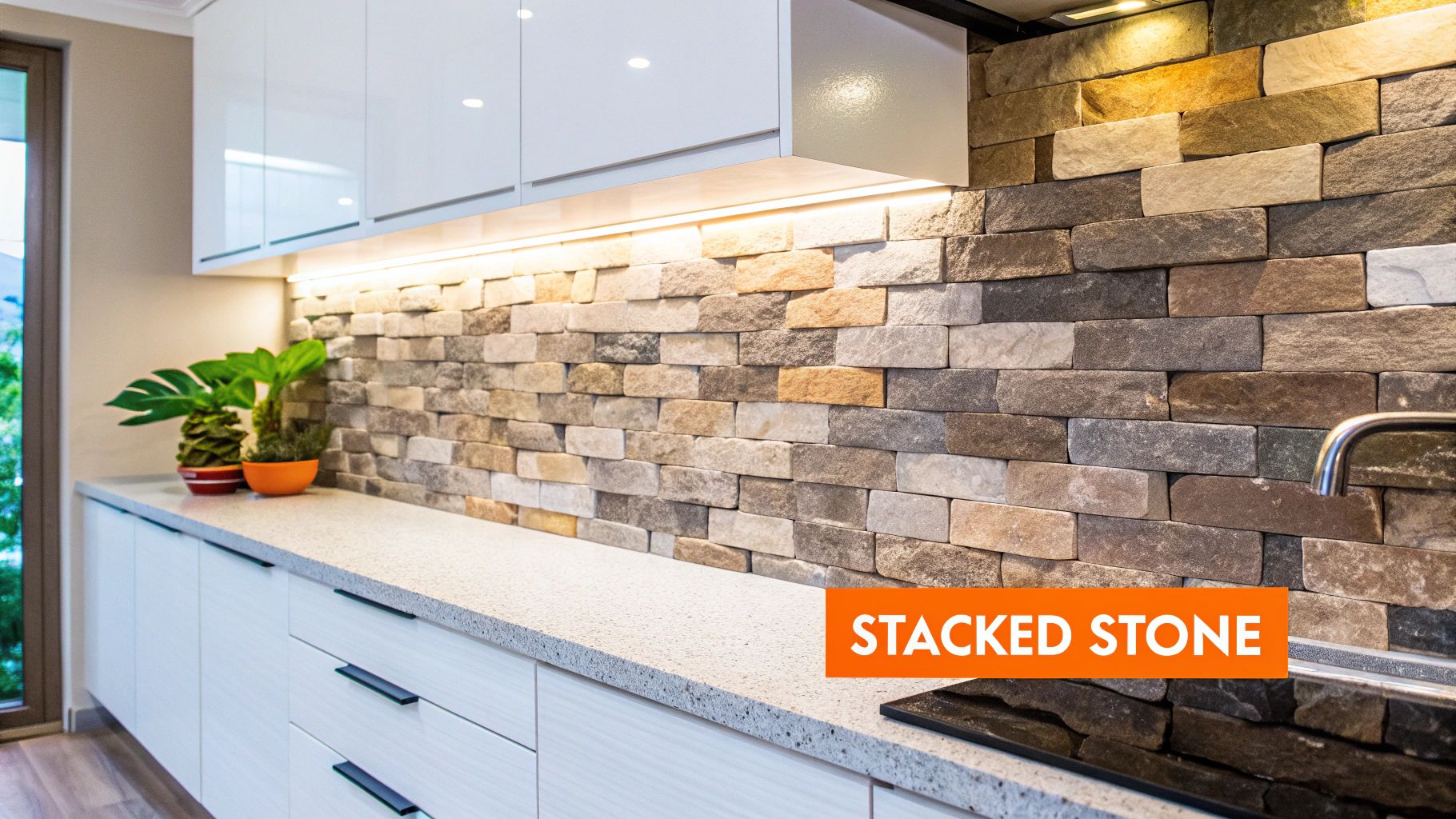 Modern kitchen featuring a multi-colored stacked stone backsplash, white cabinets, and light gray countertop.
