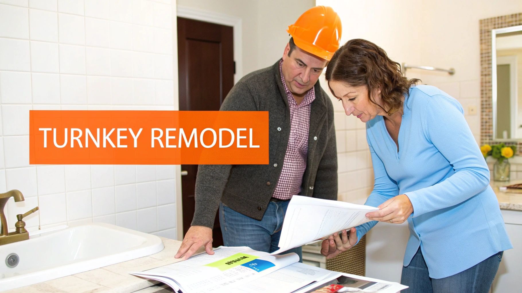 Couple discussing bathroom remodel plans with design materials, featuring the text "TURNKEY REMODEL" prominently displayed.