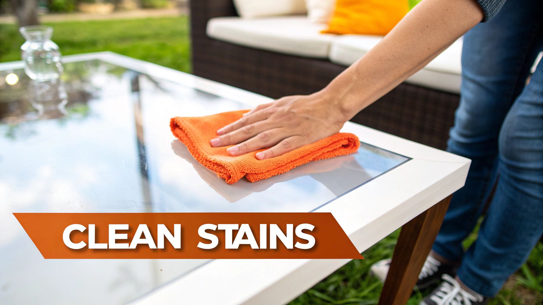 Person using an orange microfiber cloth to clean stains from a glass tabletop in an outdoor setting, emphasizing effective stain removal techniques for home restoration.