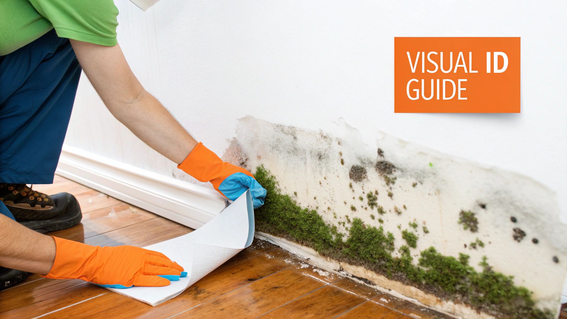Person in gloves peeling back wallpaper reveals severe black and green mold growth on a wall.