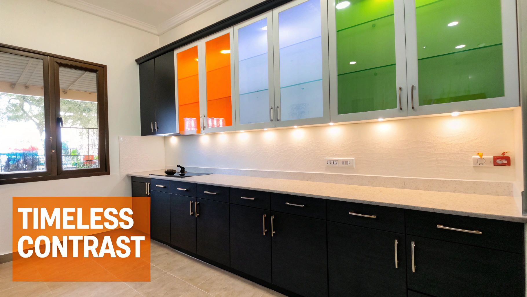 Kitchen featuring modern frosted glass cabinets in vibrant colors, dark solid base cabinets, and a stylish countertop, highlighting timeless contrast and design versatility.