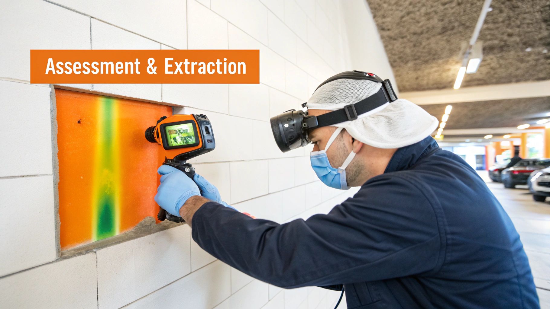 Technician using advanced moisture detection equipment for water damage assessment and extraction in a property restoration setting.