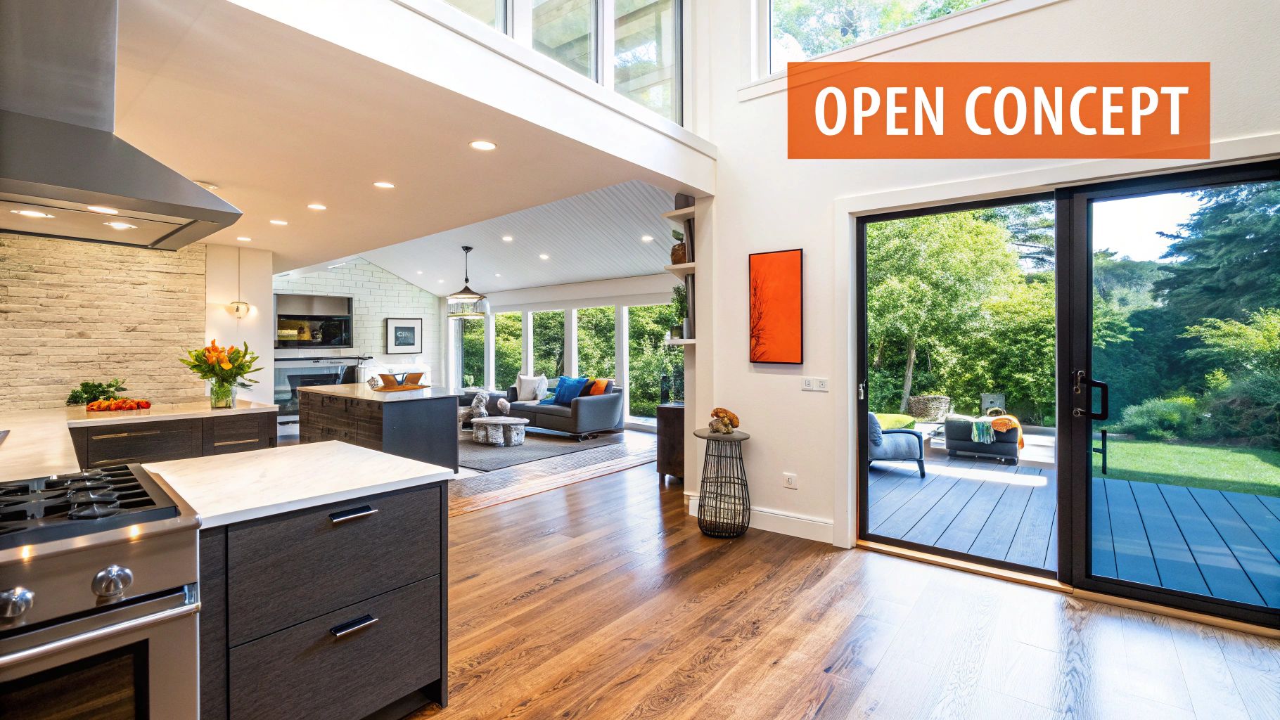 Open-concept kitchen with modern design, featuring a large island, stainless steel appliances, and a view of a bright living area with outdoor access, emphasizing the transformation of a galley kitchen into a spacious social hub.