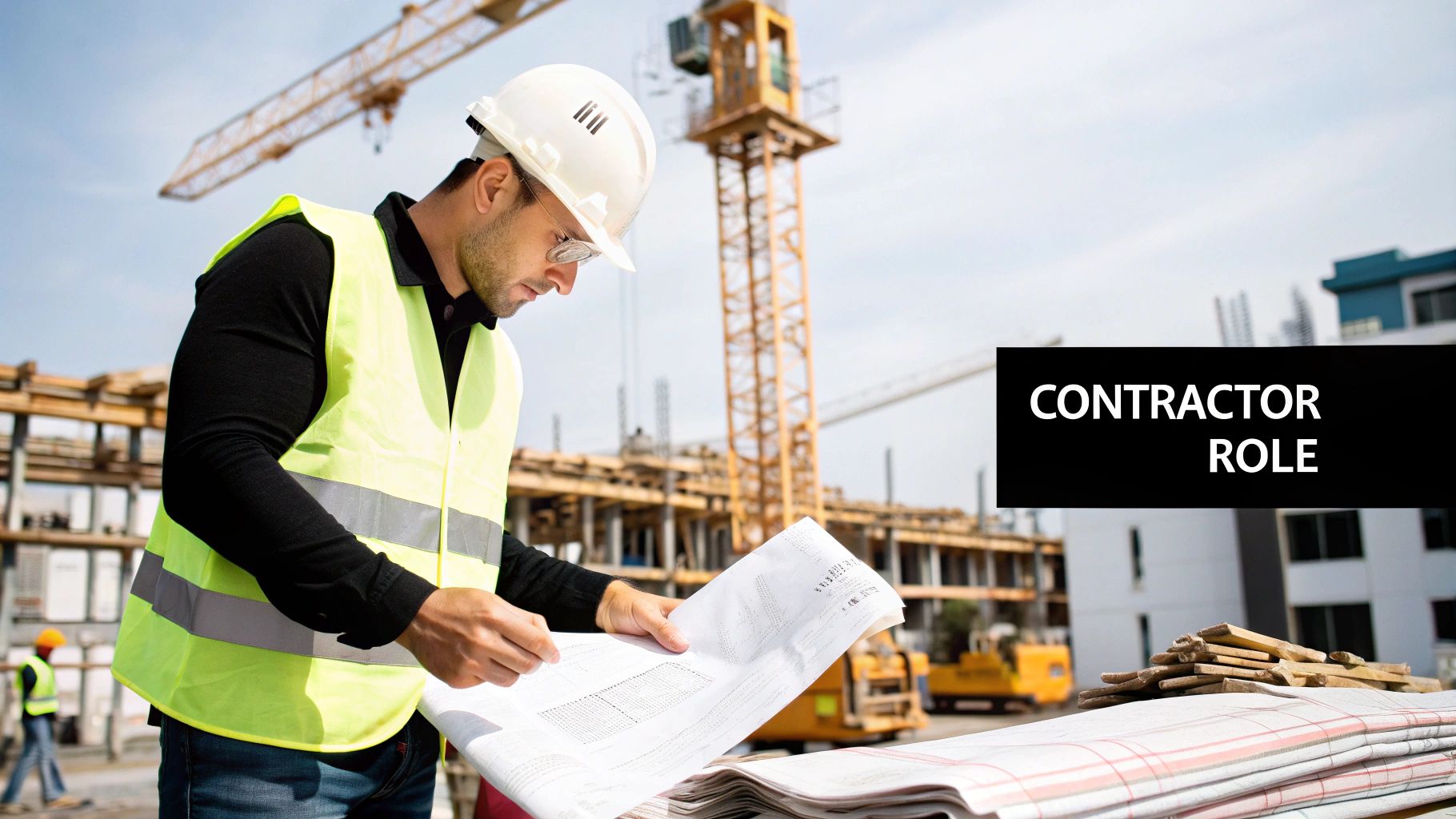 Construction contractor reviewing blueprints on a job site, emphasizing the contractor role in home renovations and project management.