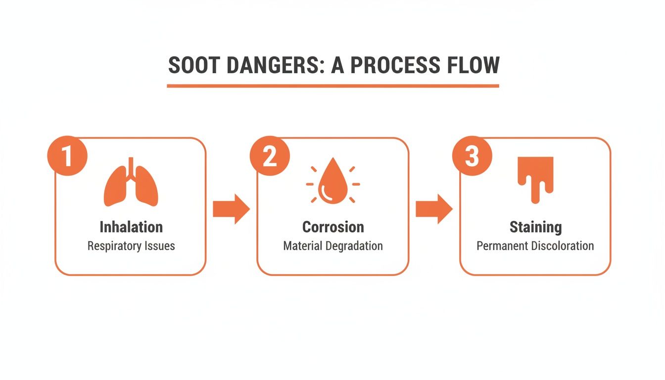 An infographic detailing the process flow of soot dangers: inhalation, corrosion, and permanent staining.