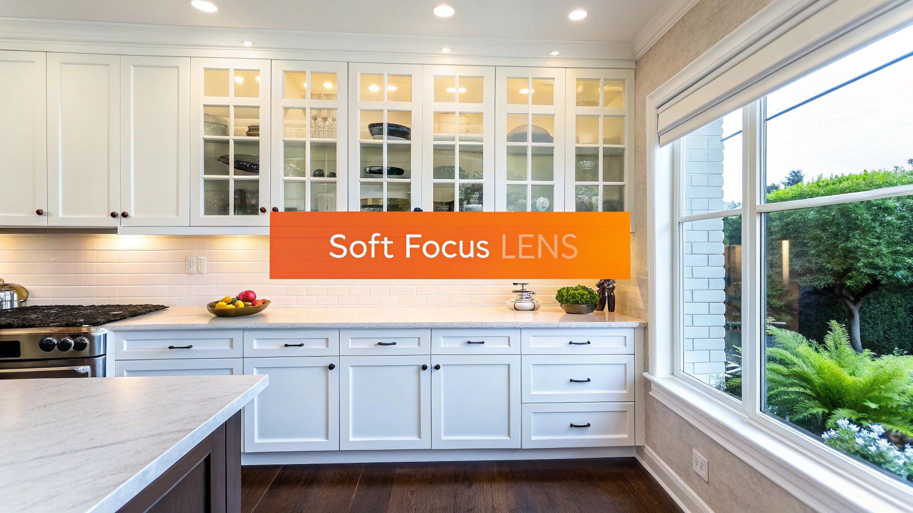 Modern kitchen featuring white cabinetry with frosted glass doors, sleek countertops, and a view of greenery through large windows, emphasizing stylish and functional design elements.