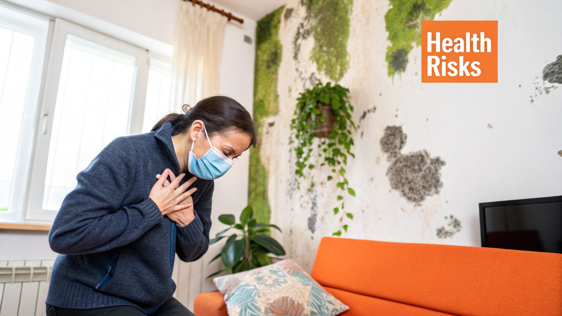 Woman wearing a mask experiencing respiratory distress in a room with visible mold growth on the wall, highlighting health risks associated with mold exposure.