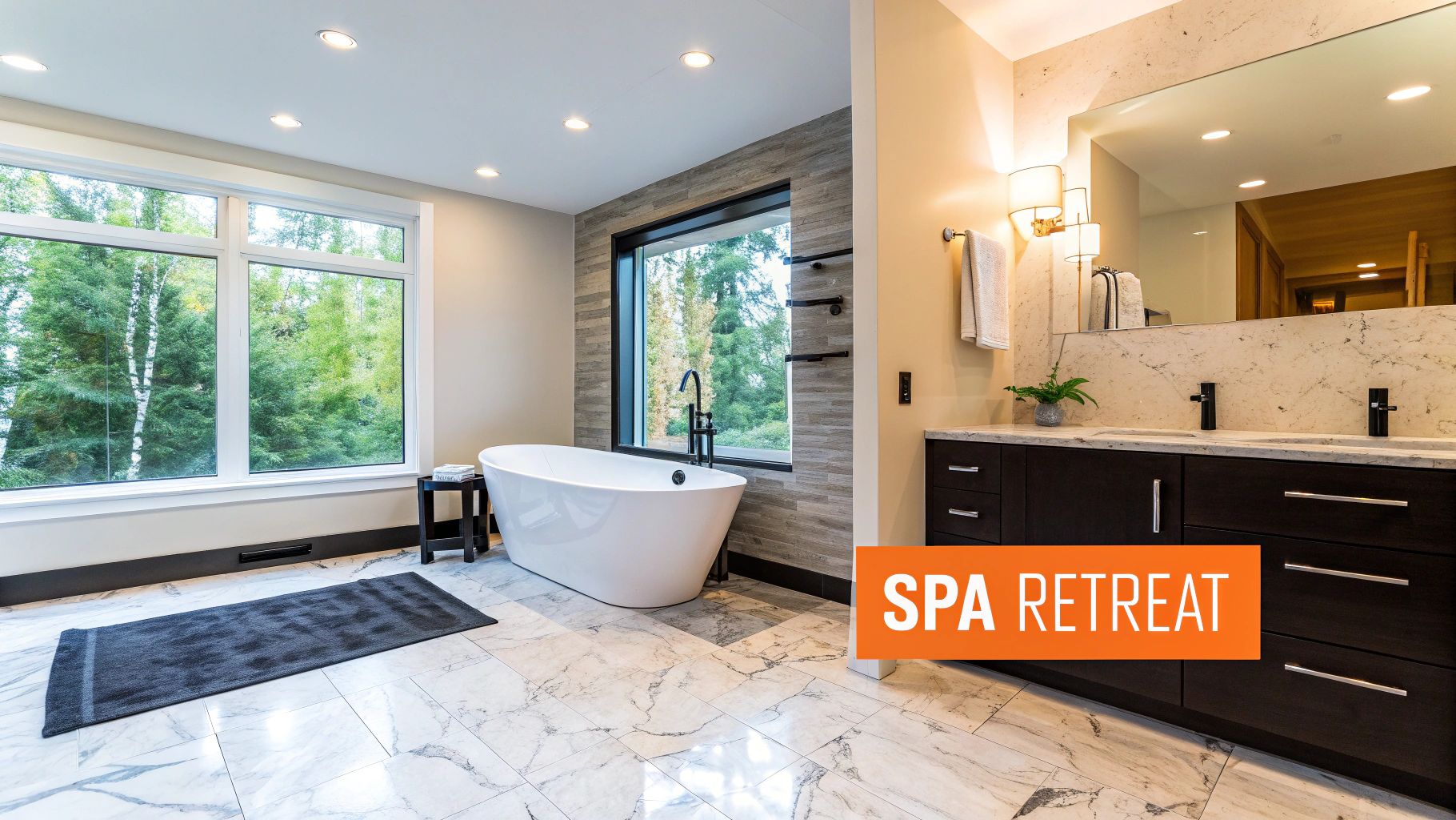 Luxury bathroom featuring a free-standing soaking tub, modern fixtures, large windows with a view of greenery, and elegant marble flooring, emphasizing spa-like retreat aesthetics.