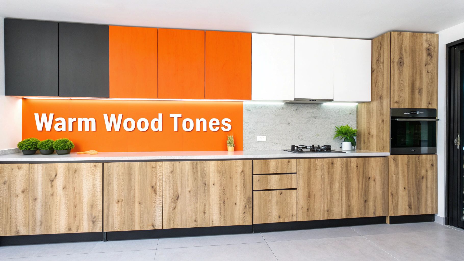 Modern kitchen with warm wood, orange, dark grey, and white cabinets, featuring an oven and stove.