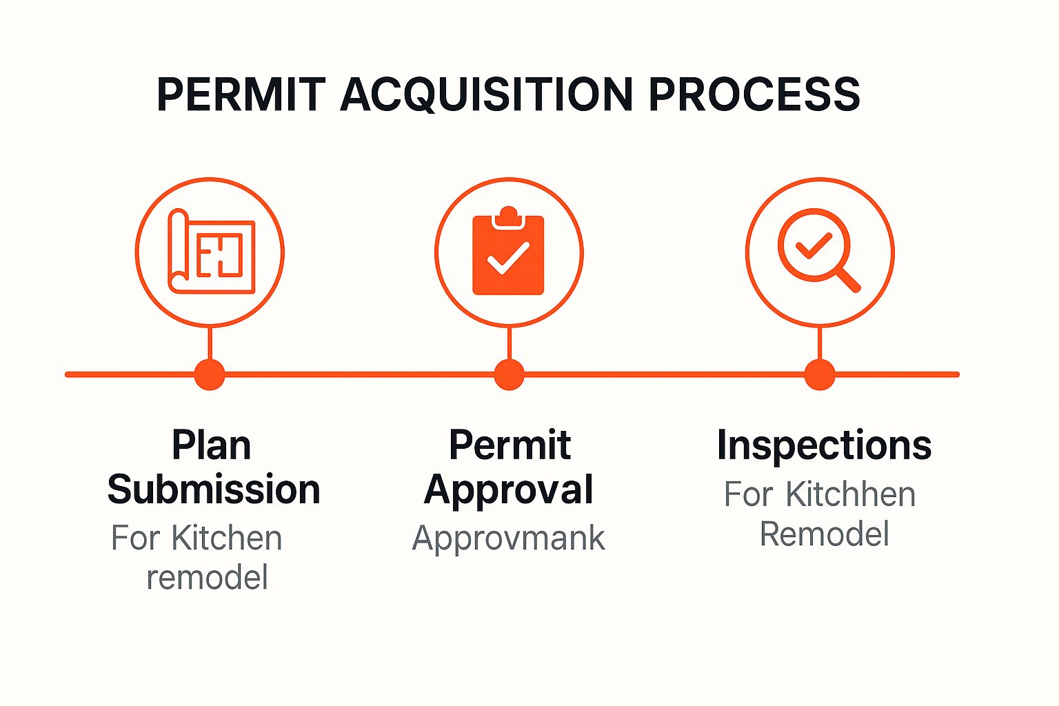 Infographic showing the three stages of the permit process for a kitchen remodel: Plan Submission, Permit Approval, and Inspections.