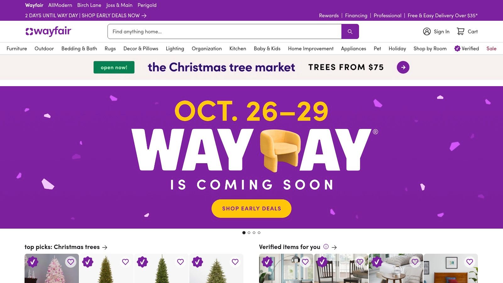 Wayfair promotional banner announcing upcoming Way Day sales event, featuring vibrant purple background, bold yellow text, and a stylized chair graphic, emphasizing extensive selection of modern home designs.