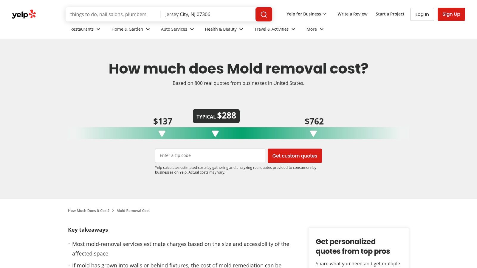 Yelp mold removal cost estimator displaying price range from $137 to $762, highlighting typical cost of $288, with a search bar for custom quotes.