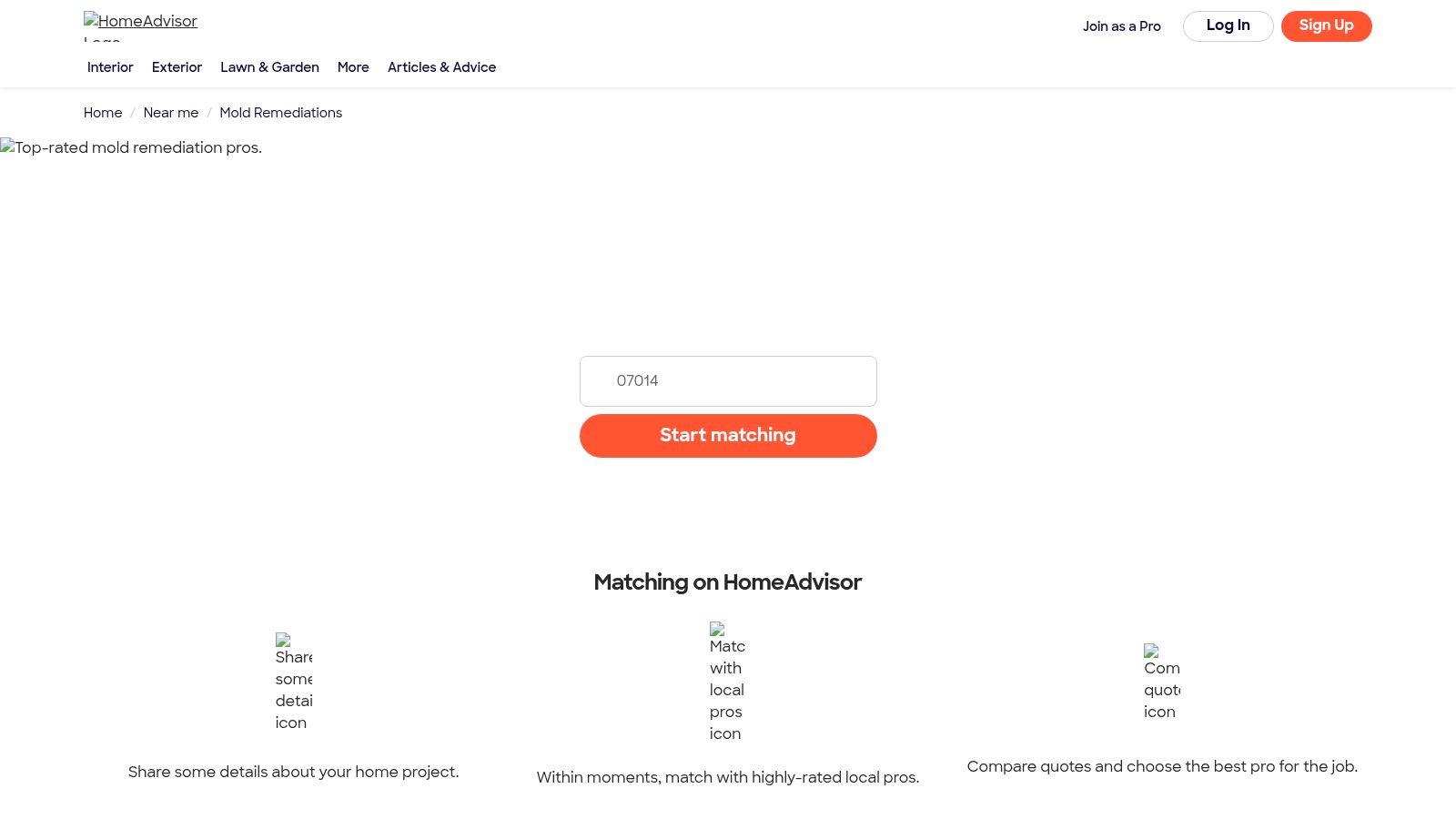 HomeAdvisor website interface showcasing mold remediation service matching process with ZIP code entry and call-to-action button.