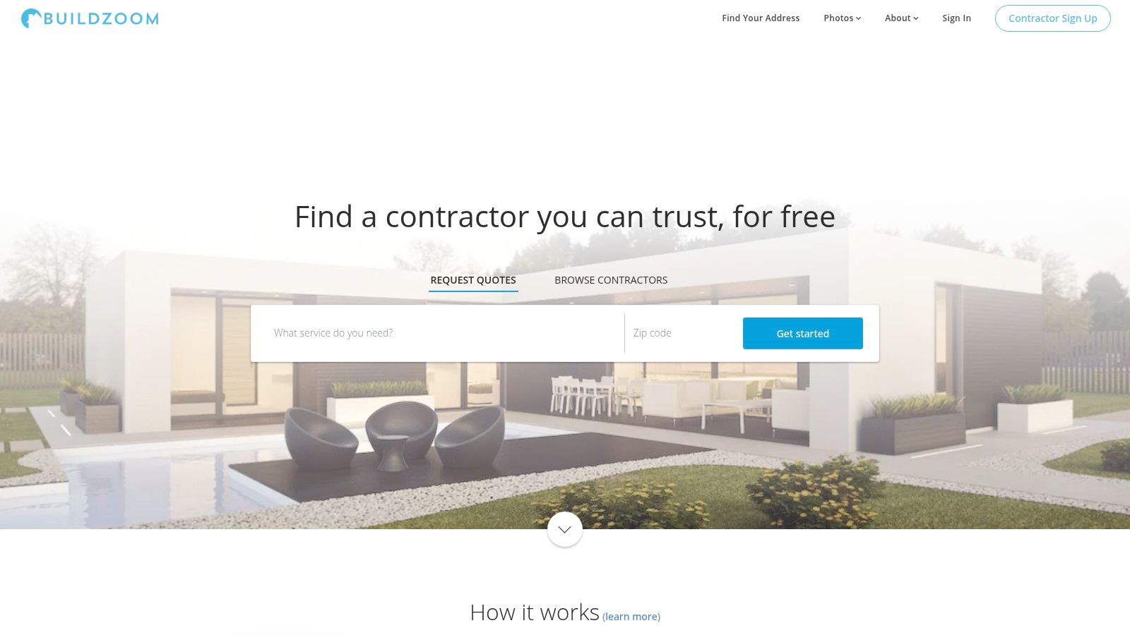 Modern home exterior with sleek design, featuring a pool, landscaping, and a search bar for contractor services, representing BuildZoom's platform for finding trusted custom home builders in Orange County.