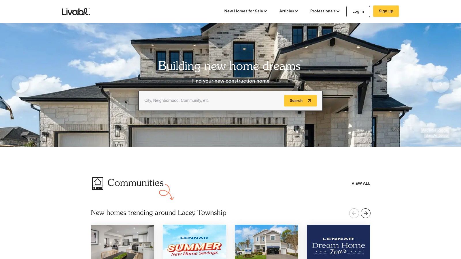 Livabl homepage showcasing modern new construction home with search bar for finding new homes in Orange County, highlighting community features and builder options.