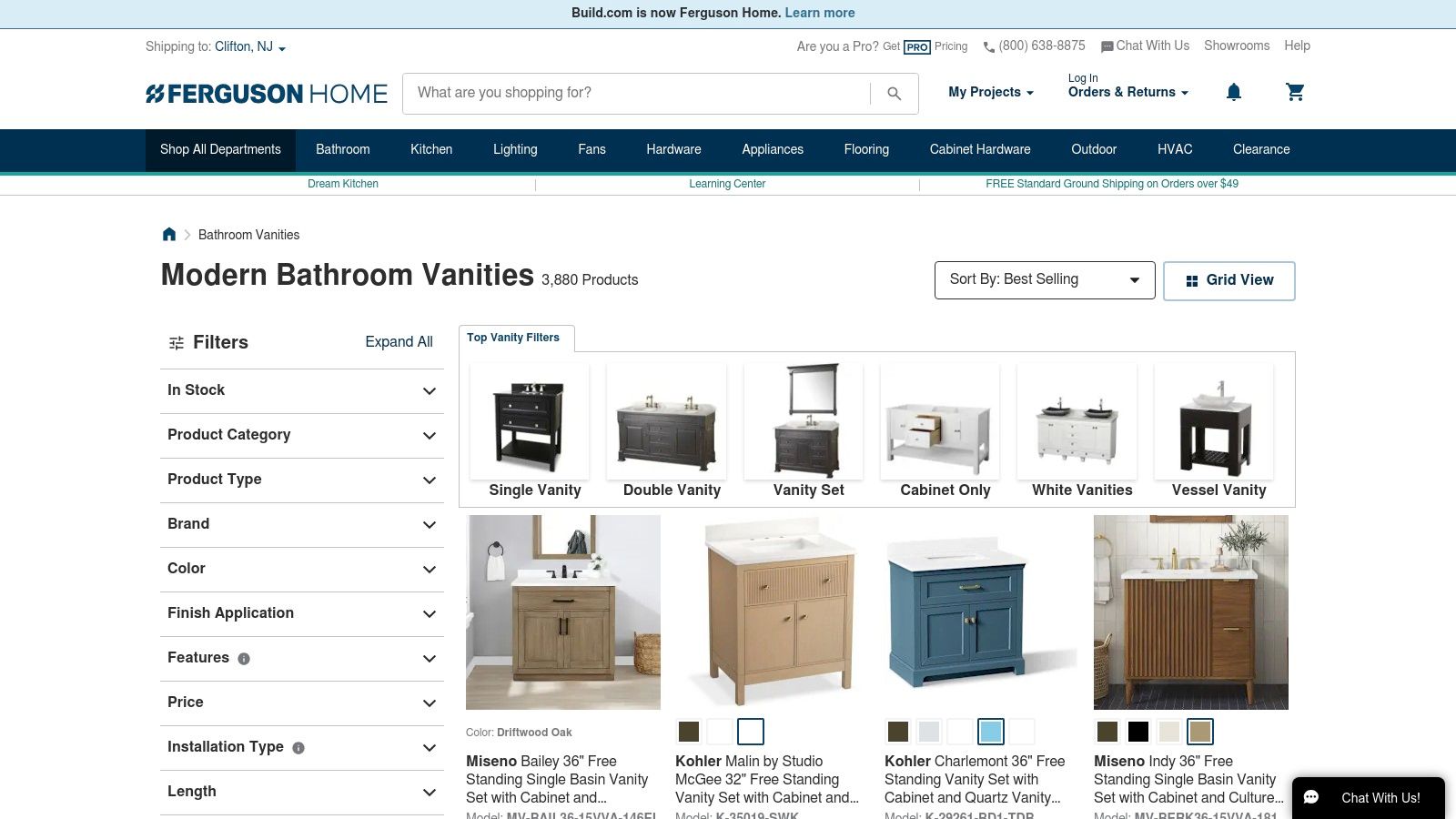 Modern bathroom vanities display featuring various styles and finishes, including single and double vanities, from trusted brands like Kohler and Miseno, tailored for homeowners and remodelers seeking quality designs for renovations.