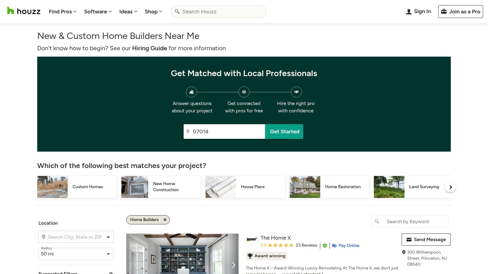 Houzz homepage showcasing custom home builders, featuring a user-friendly interface for finding local professionals, project categories, and a highlighted award-winning builder, The Home X.