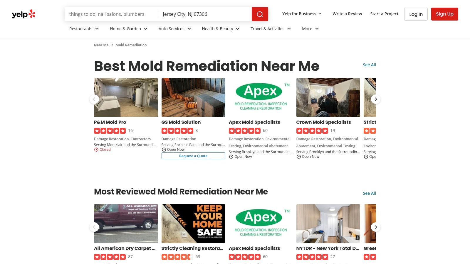 Yelp page displaying top-rated mold remediation companies, featuring service ratings, company names, and images of mold remediation work environments.