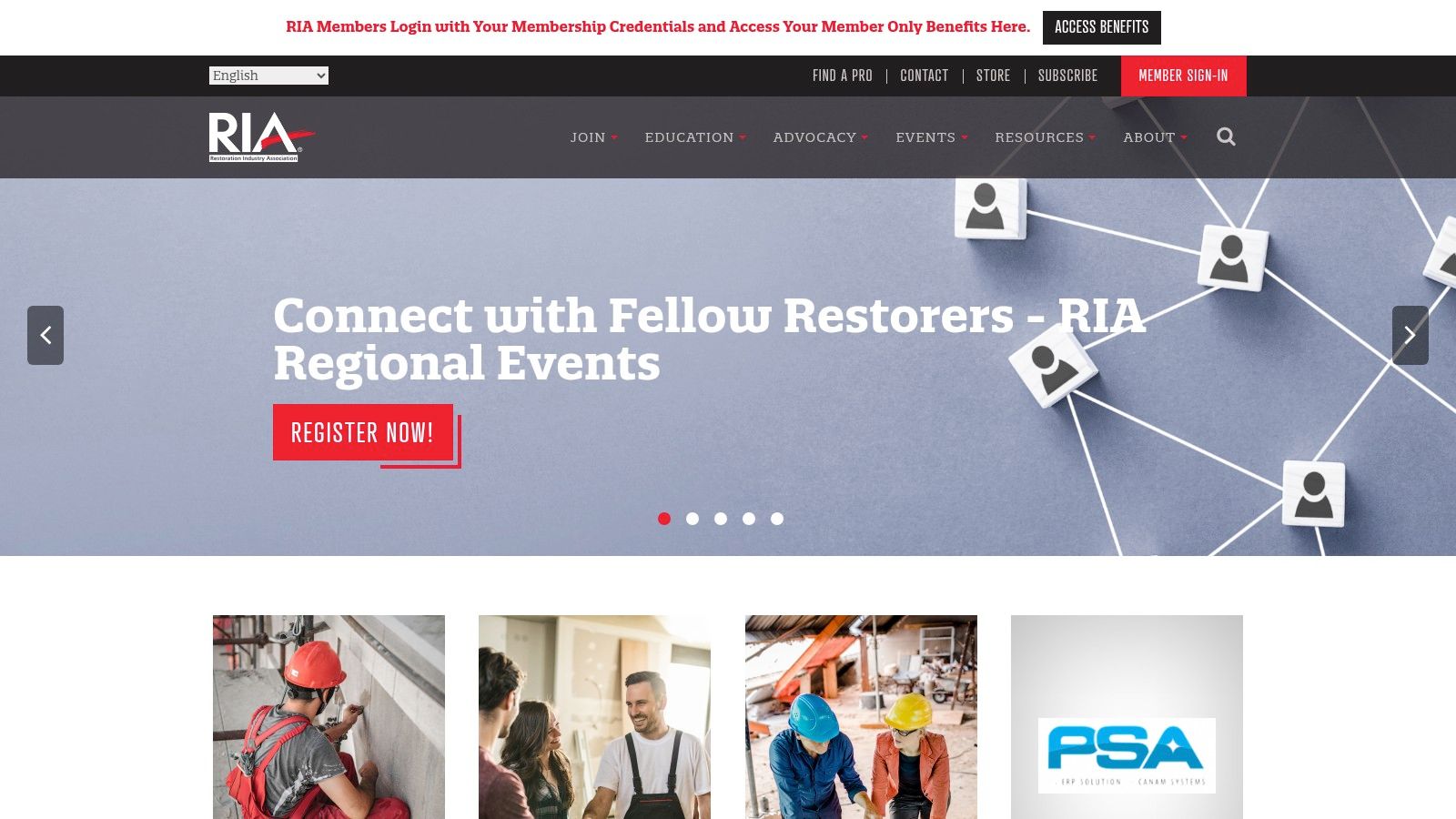 RIA website homepage featuring a call-to-action for connecting with fellow restorers at regional events, with images of restoration professionals collaborating and engaging in discussions.