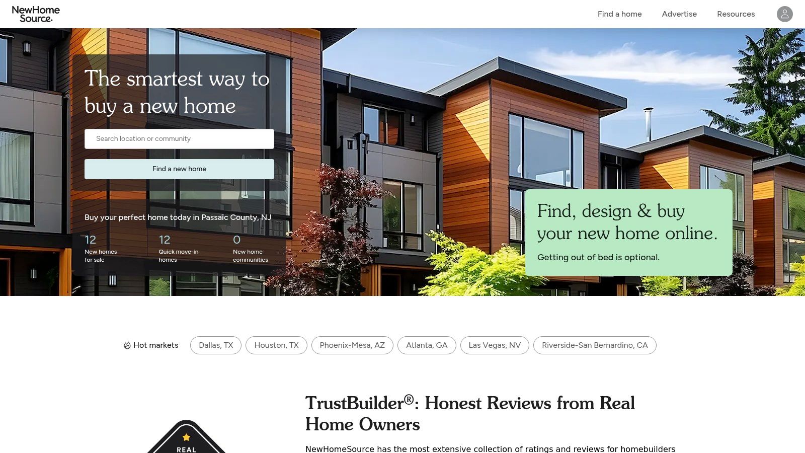 Modern multi-story homes with large windows and wooden accents, showcasing the NewHomeSource platform for prospective homeowners in Orange County.