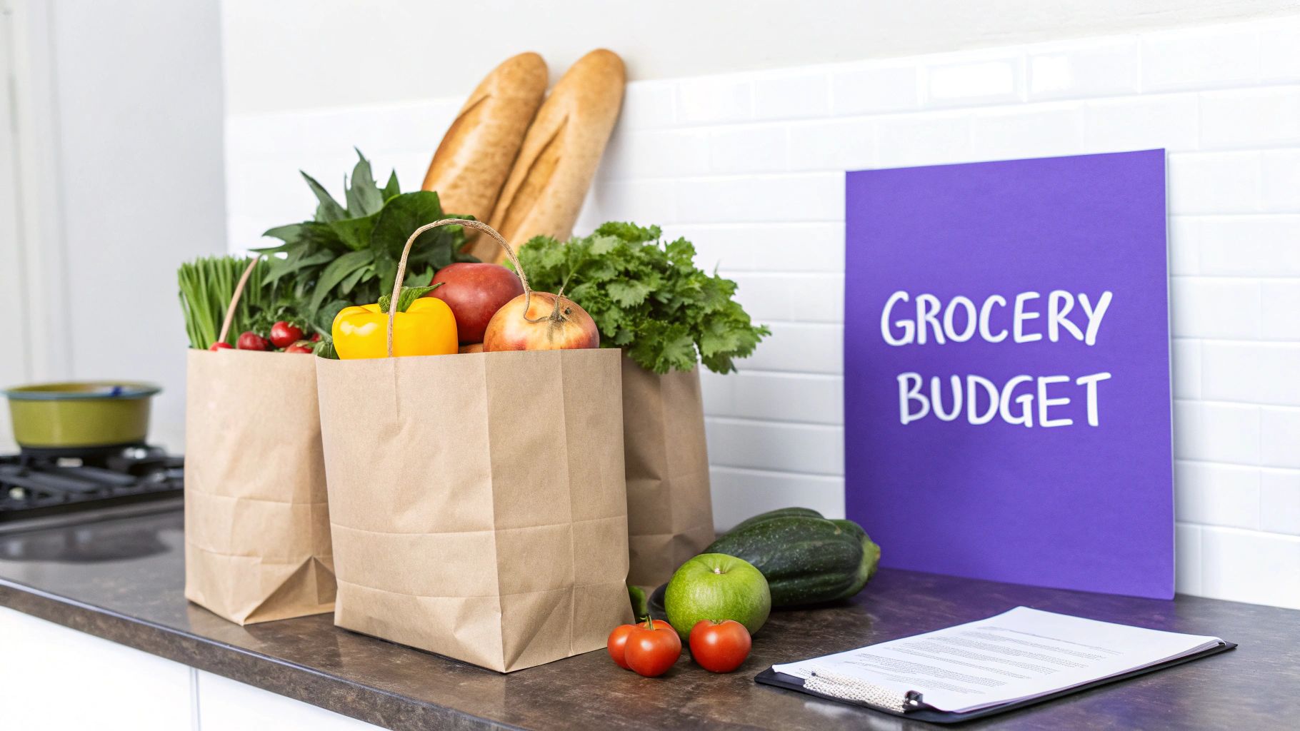 Three paper grocery bags filled with fresh produce and bread on a kitchen counter with a 'Grocery Budget' sign.