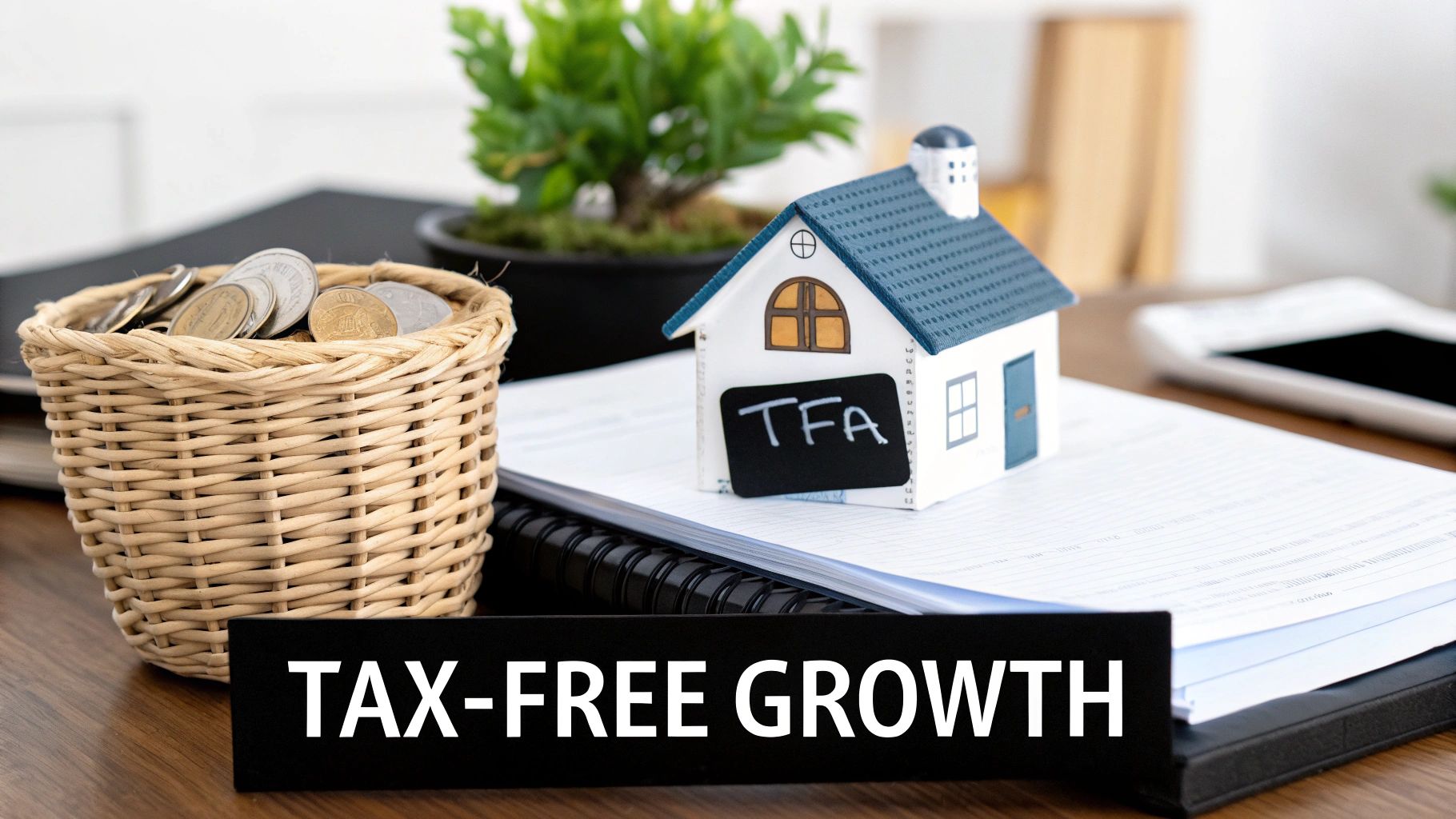 A miniature house model, a basket of coins, and 'TAX-FREE GROWTH' text, symbolizing financial investment.