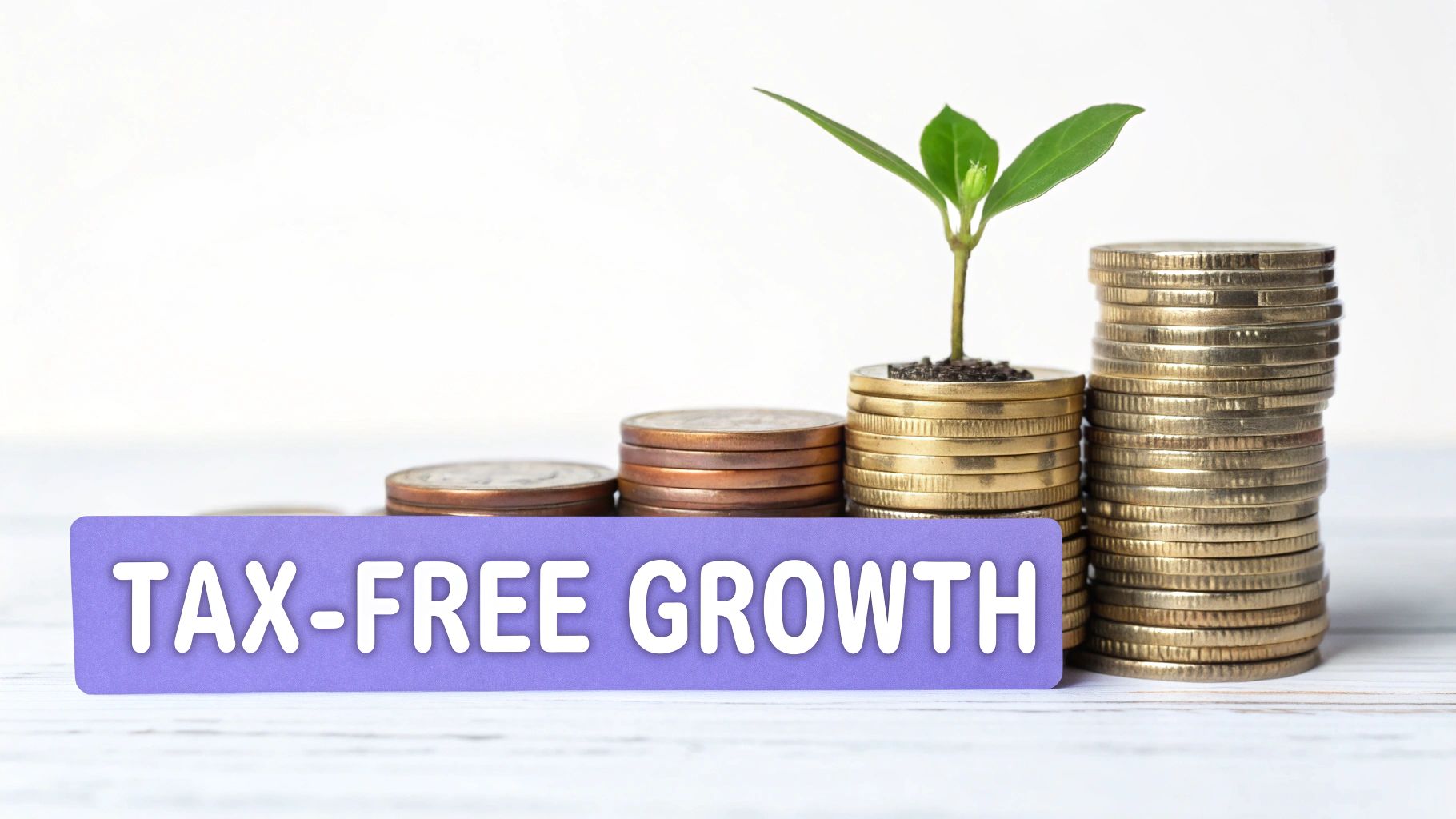 A growing plant on ascending stacks of coins with a purple 'TAX-FREE GROWTH' sign in front.