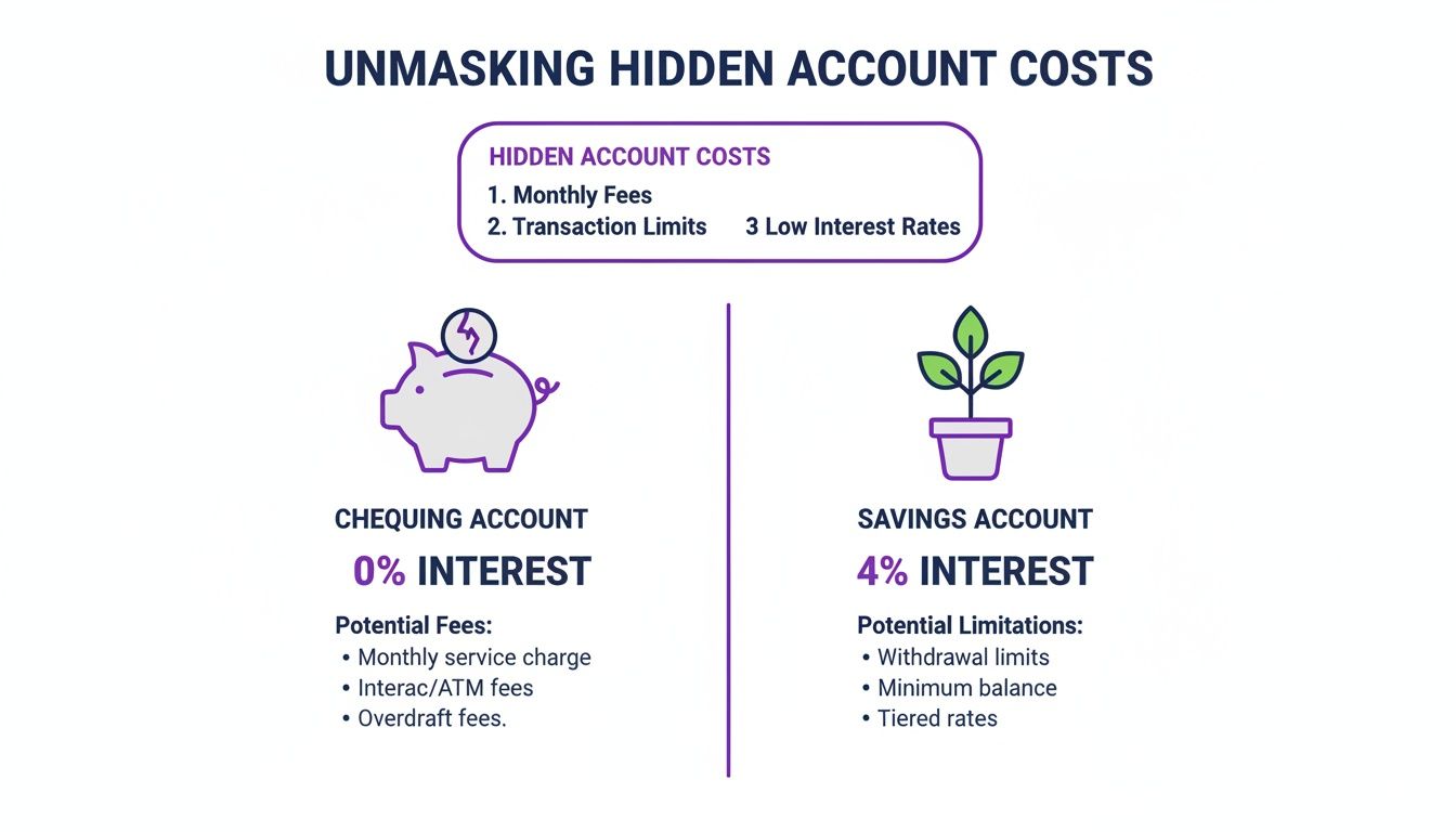 An infographic comparing chequing and savings accounts, detailing hidden costs, interest rates, fees, and limitations.