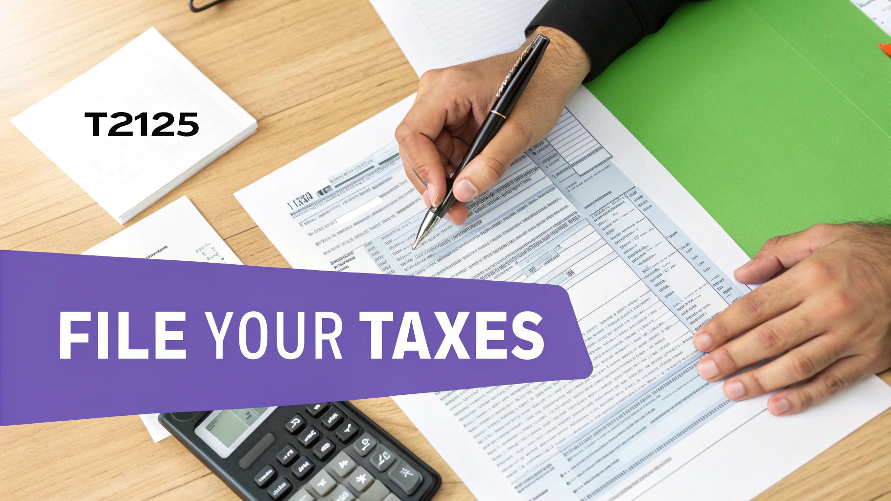 A person's hands filling out tax forms with a pen, a calculator, and a T2125 document.