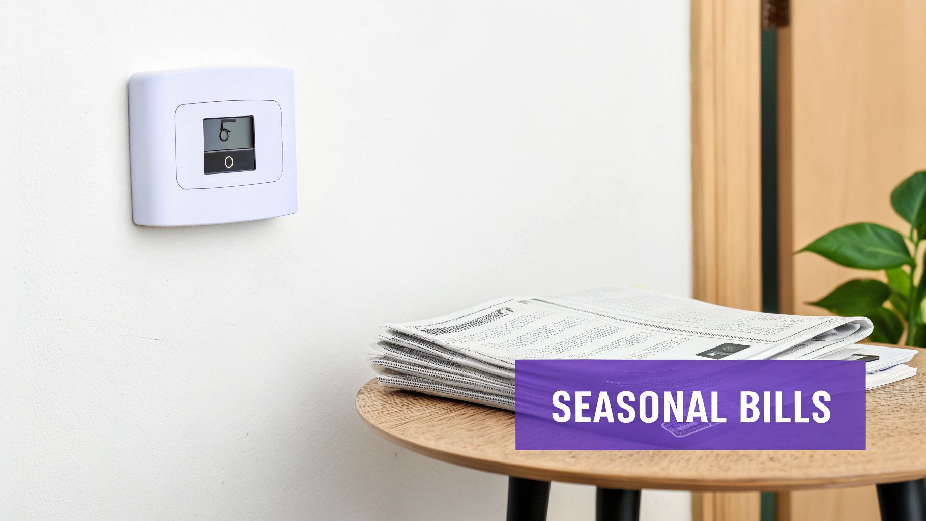 A white digital thermostat on a wall, a stack of newspapers on a wooden table, and a 'Seasonal Bills' banner.