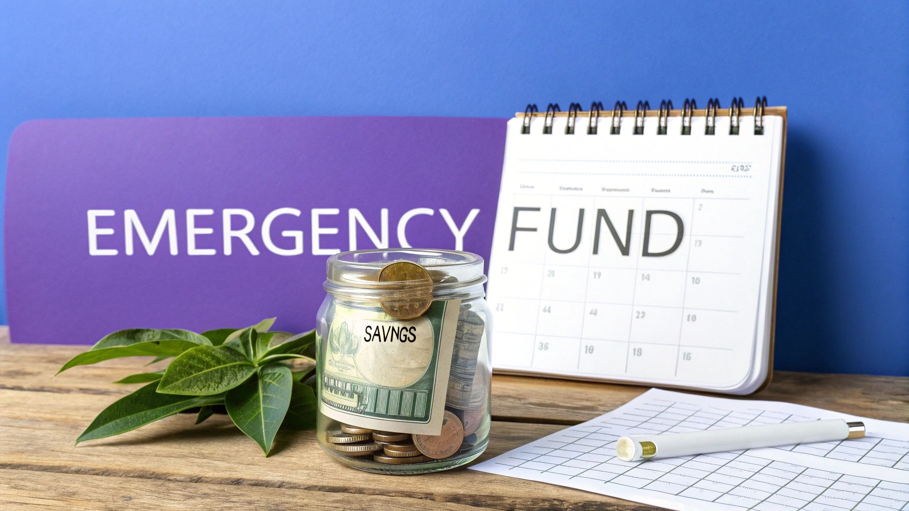 A glass jar with "SAVNGS" label, coins, and bills, next to a calendar and "EMERGENCY FUND" signs.