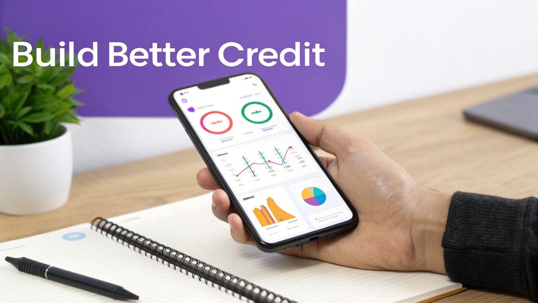 Person holding a smartphone displaying financial graphs and data, with 'Build Better Credit' text.