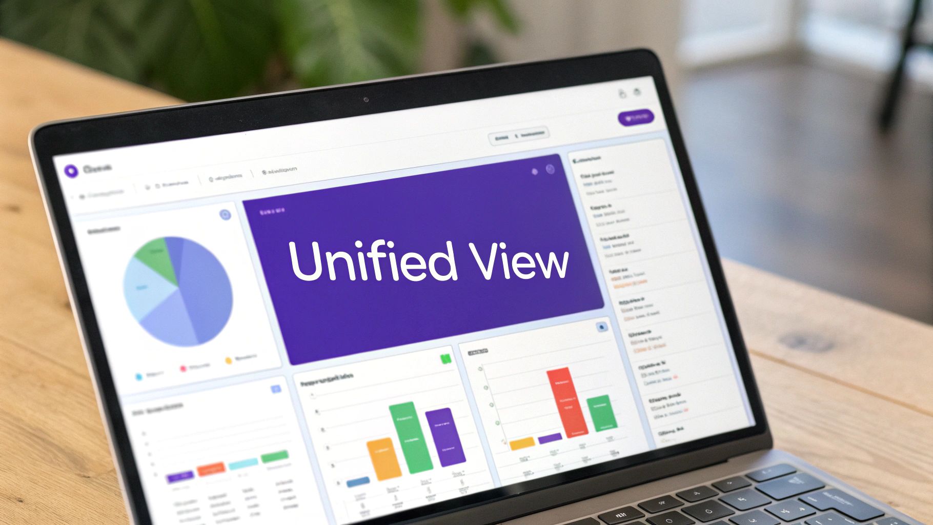 A laptop displays a detailed data analytics dashboard with charts, graphs, and a 'Unified View' heading.