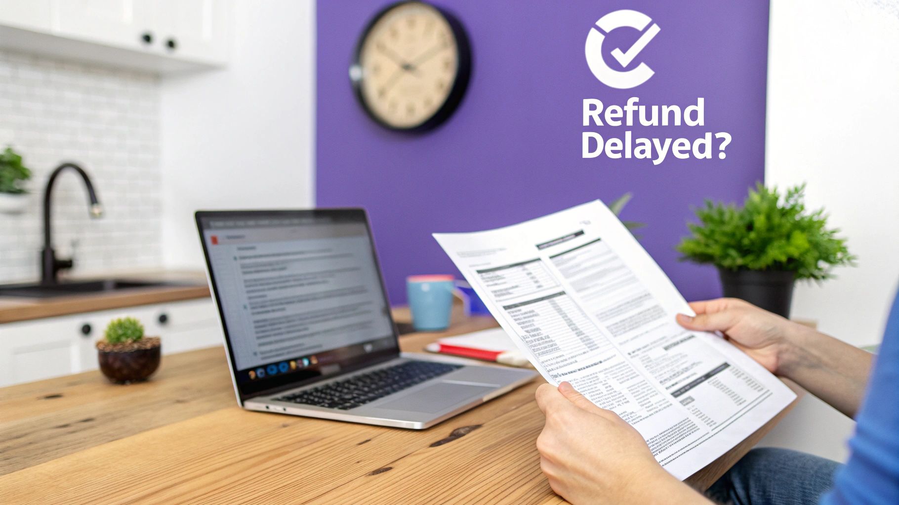 Person reviewing tax documents and a laptop in a home office, with 'Refund Delayed?' on the wall.