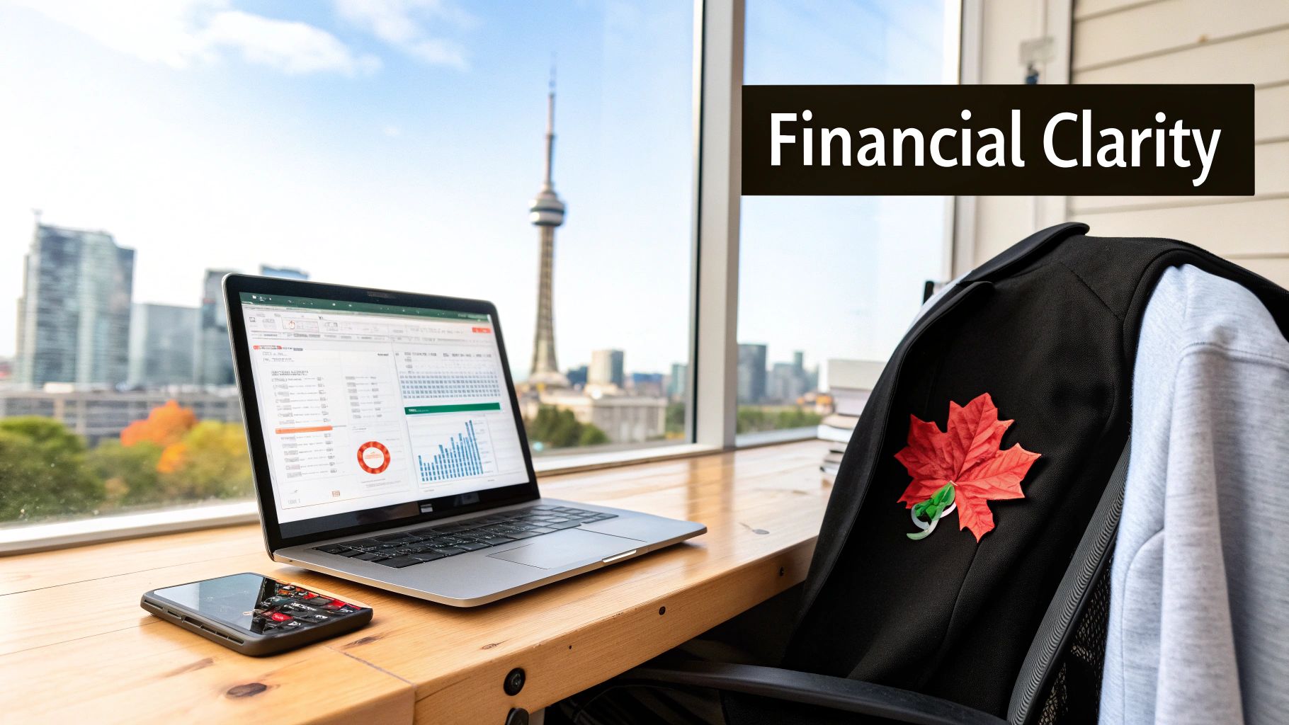 Laptop displaying financial data, calculator, and a blazer with a Canadian maple leaf overlooking a city.