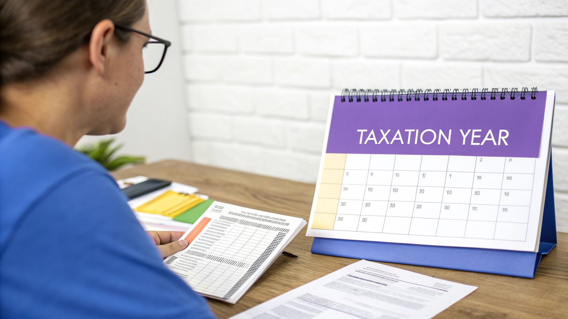 A person reviews tax documents on a desk with a 'Taxation Year' calendar in the foreground.