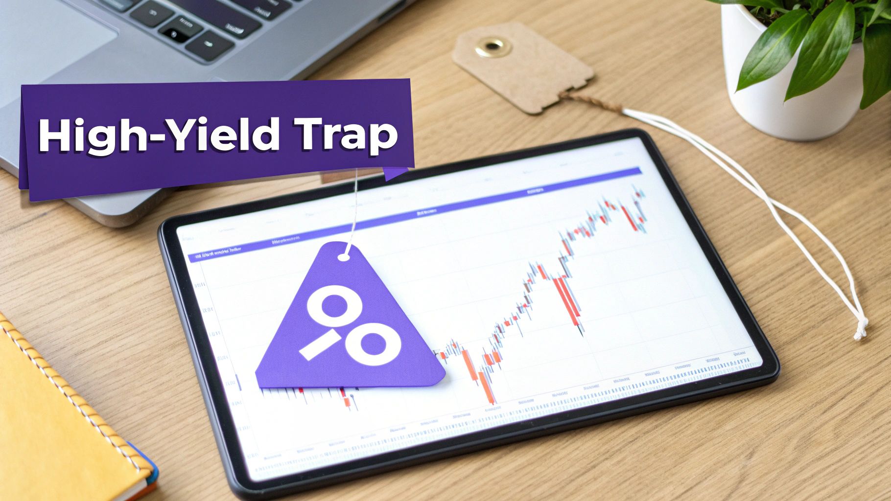 A tablet displaying a financial chart with a purple percentage tag, and a banner saying 'High-Yield Trap' on a wooden desk.