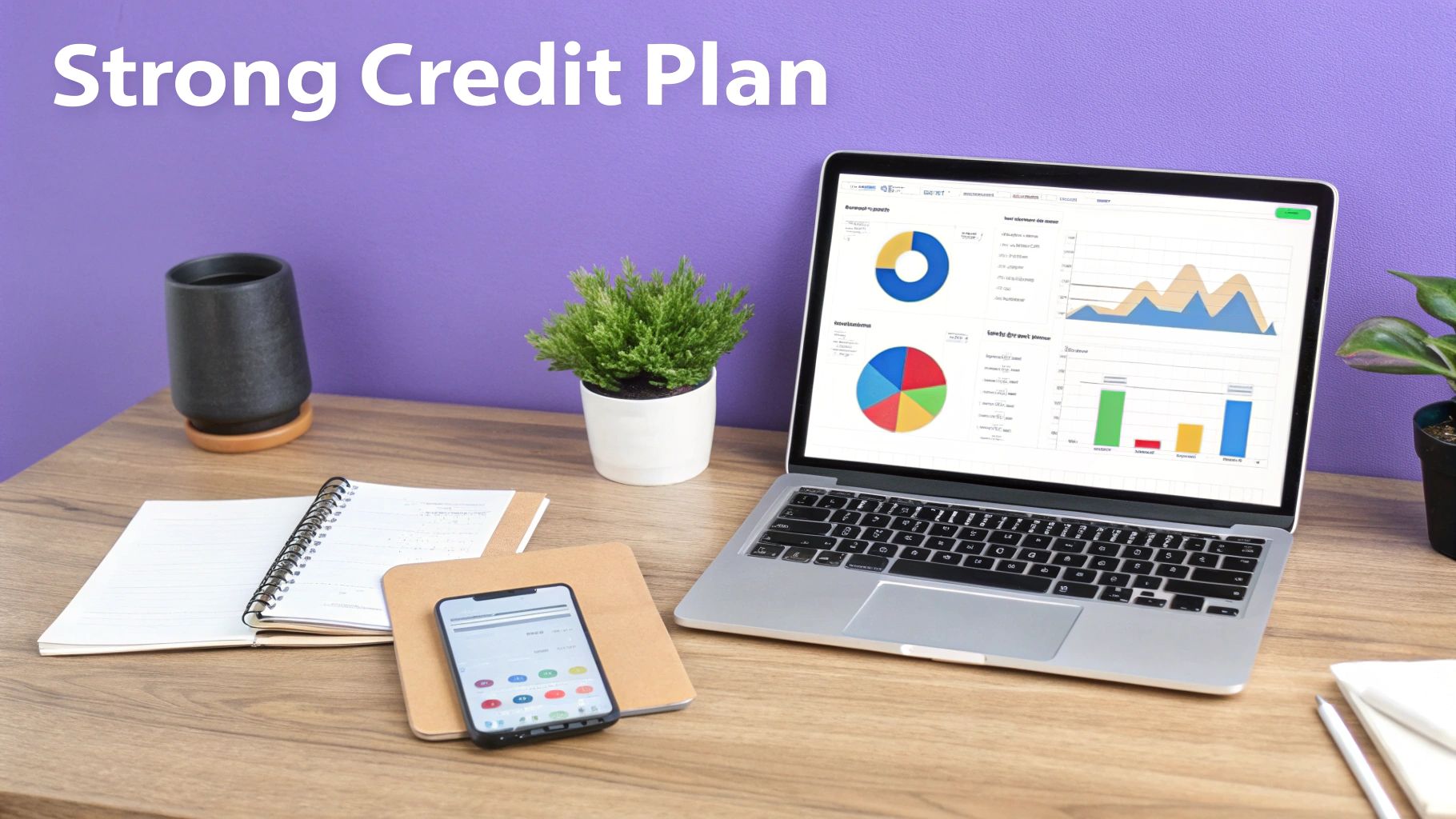 A modern workspace with a laptop displaying financial charts and a smartphone, highlighting a strong credit plan.