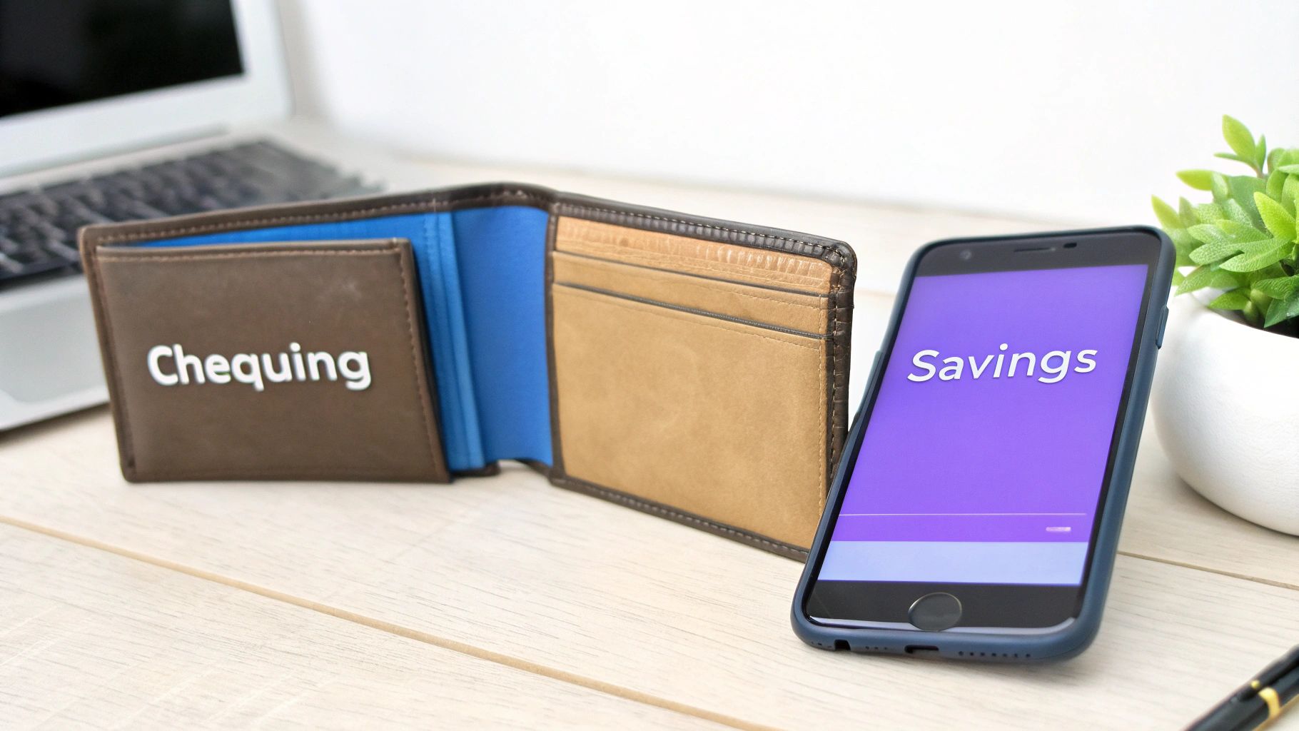 An open brown wallet labeled 'Chequing' next to a smartphone displaying 'Savings' on its screen.